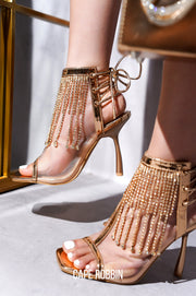 Nokia Rhinestone Fringe Clear Lace Up Heels - Rose Gold