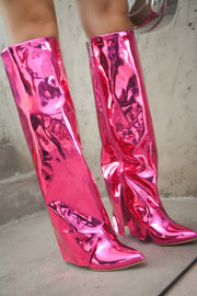 Resara Pointy Toe Metallic Knee-High Boots - Pink