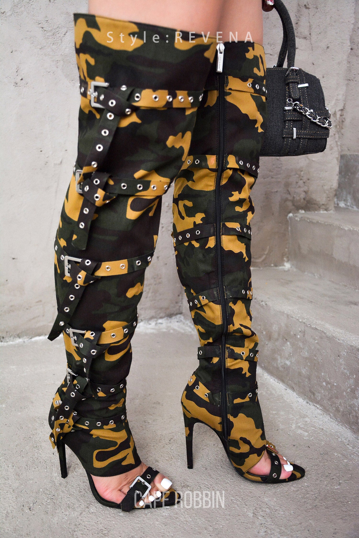 Revena Camo Multi-Strap Thigh-High Boots - Camouflage
