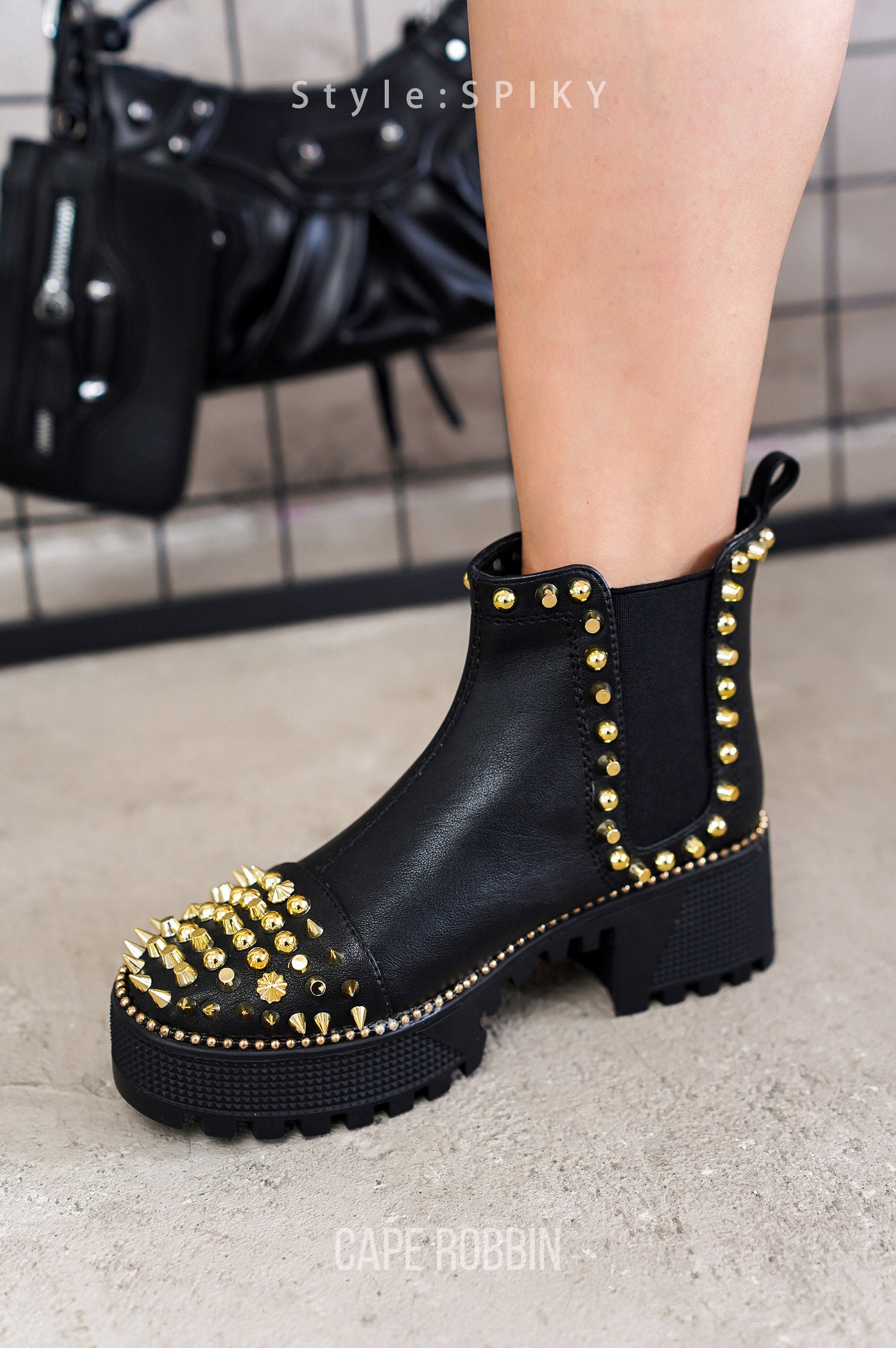 Spiky Women's  Pull-on Ankle Booties with Spikes- Black Gold - Cape Robbin