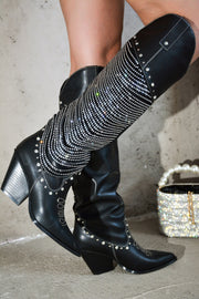 Stika Rhinestone Fringe Western Boots - Black