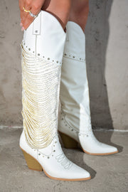 Stika Rhinestone Fringe Western Boots - White