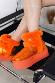 Tasha Fur Metallic Platform Ankle Booties - Orange