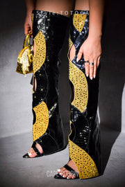 Totoga Embellished Flame Cutout Thigh-High Boots - Black