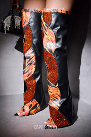 Totoga Embellished Flame Cutout Thigh-High Boots - Red