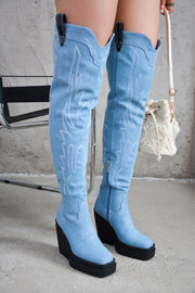 Vientiane Western Platform Knee-High Boot - Denim