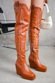 Vientiane Western Platform Knee-High Boot - Tan
