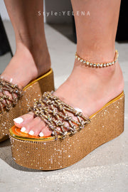 Yelena Round Toe Rhinestone Rope Platform - Gold