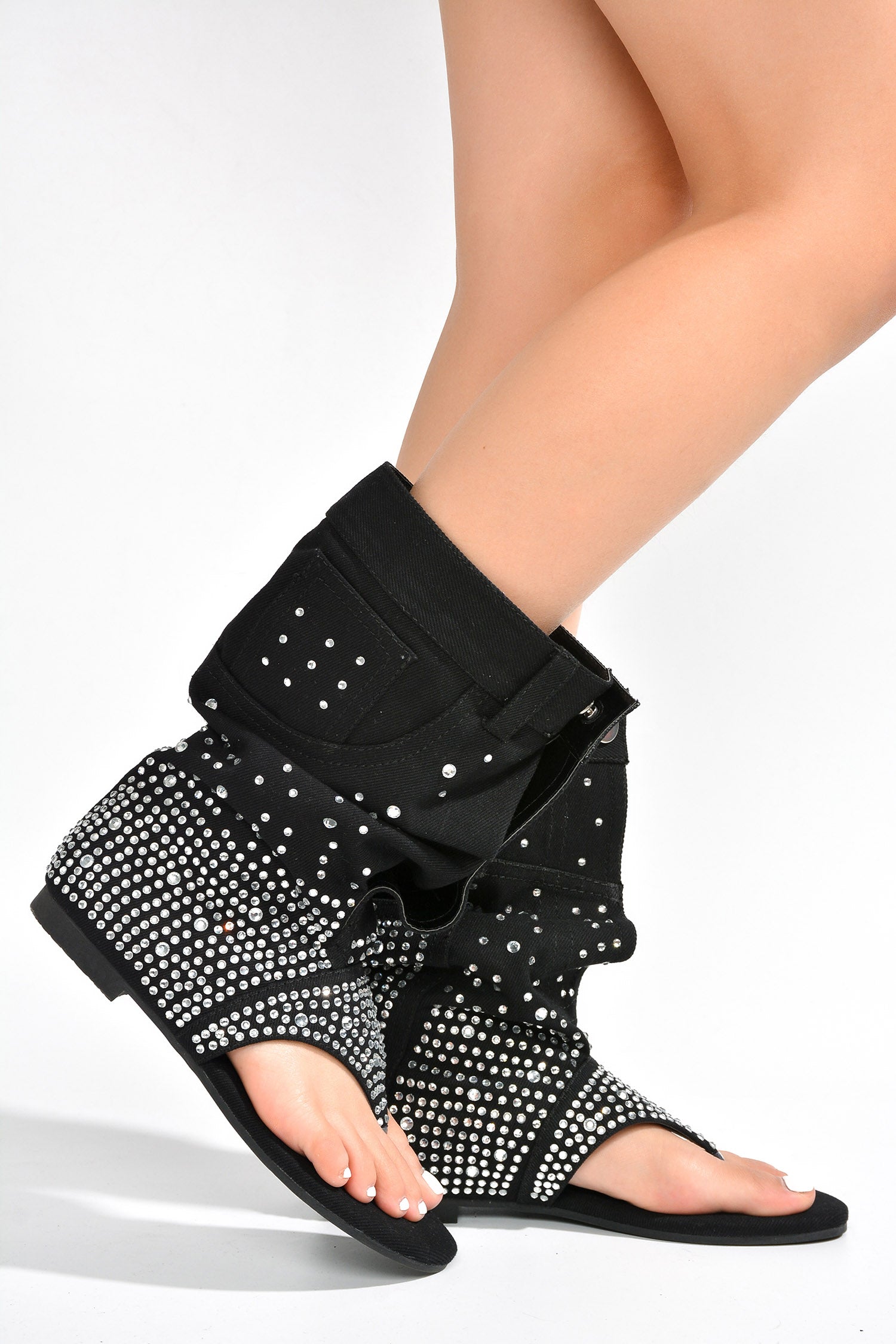 Plexi Round Toe Rhinestone Flat Booties - Black - Cape Robbin