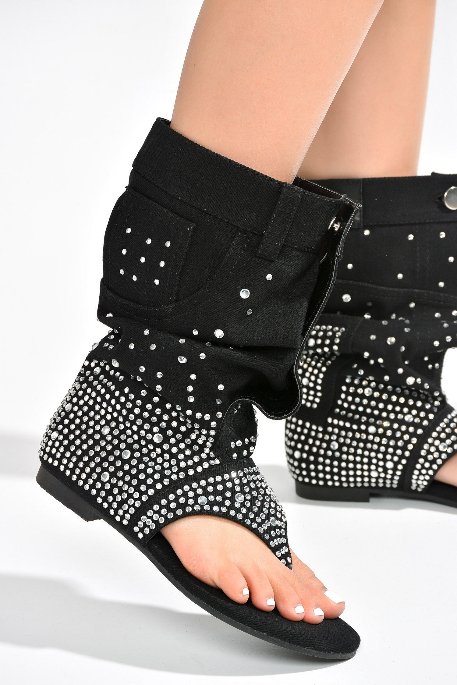 Plexi Round Toe Rhinestone Flat Booties - Black - Cape Robbin