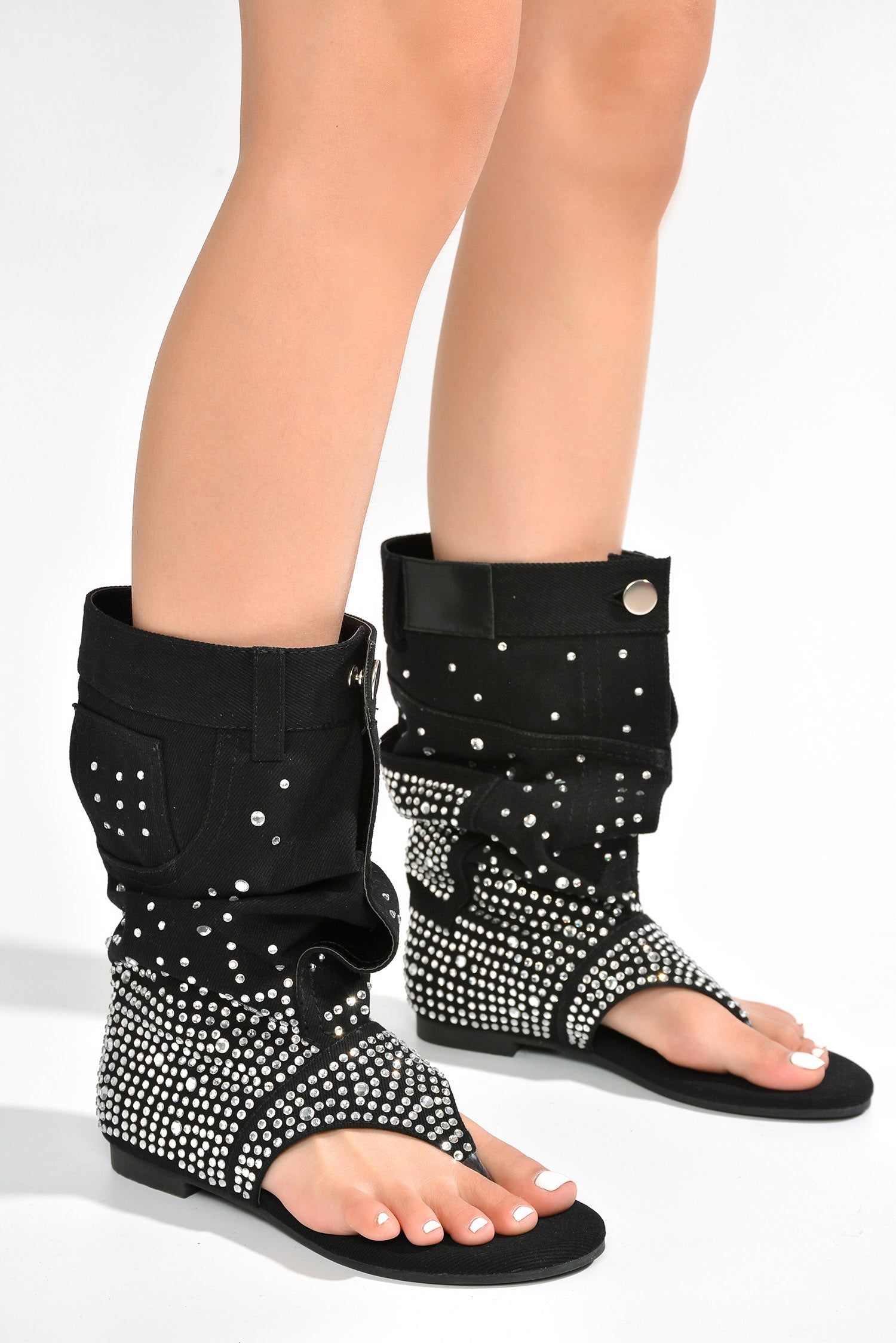 Plexi Round Toe Rhinestone Flat Booties - Black - Cape Robbin