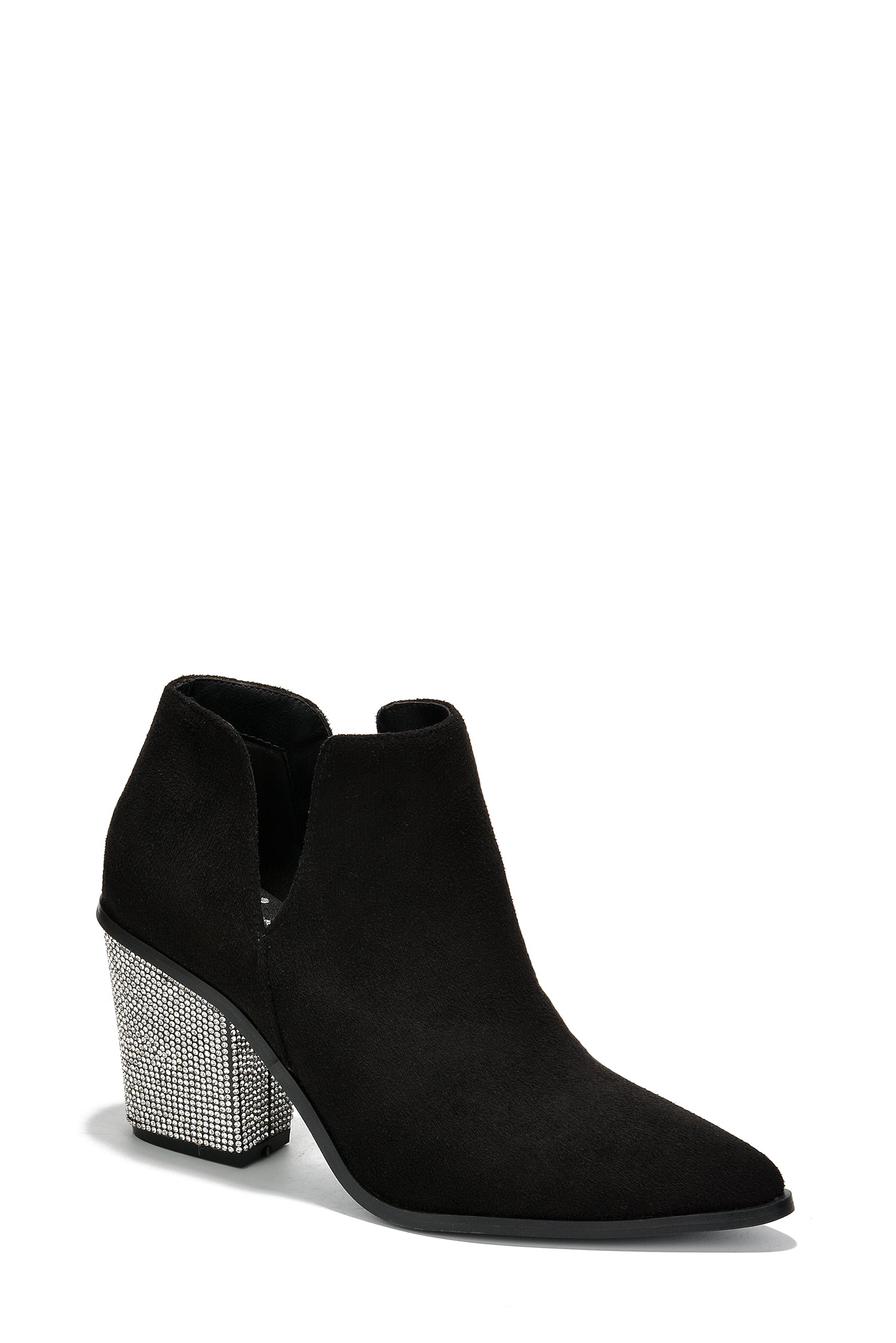 Prague Rhinestone Heel Suede Ankle Booties - Black