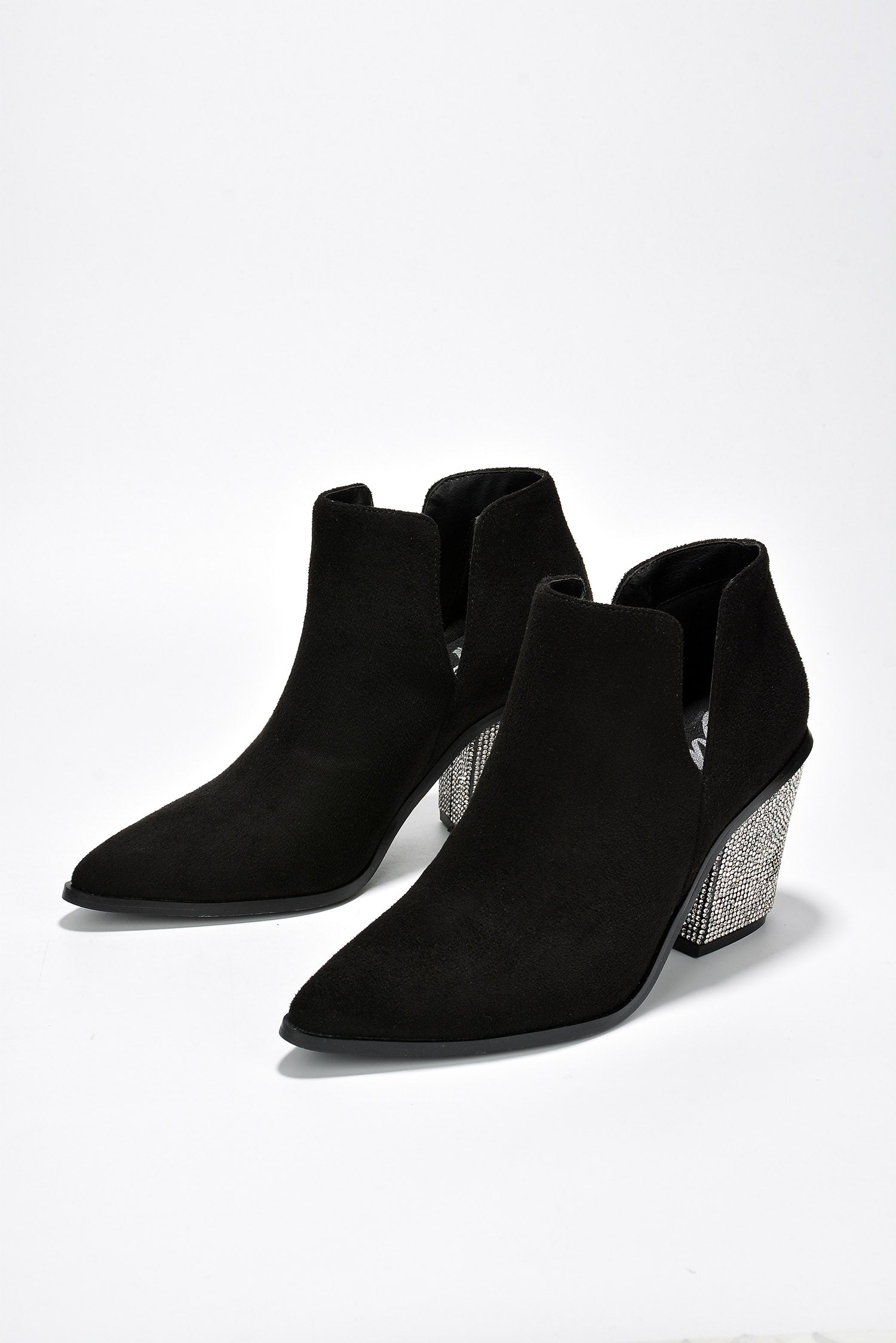 Prague Rhinestone Heel Suede Ankle Booties - Black