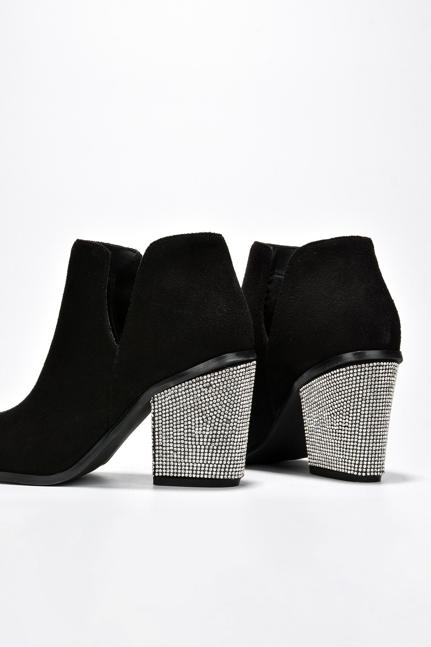 Prague Rhinestone Heel Suede Ankle Booties - Black
