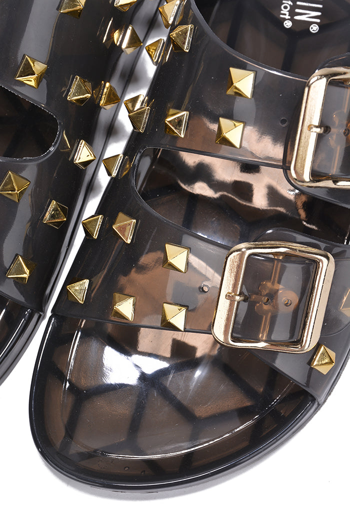 Regan Spiked Round Toe Clear Sandals - Black