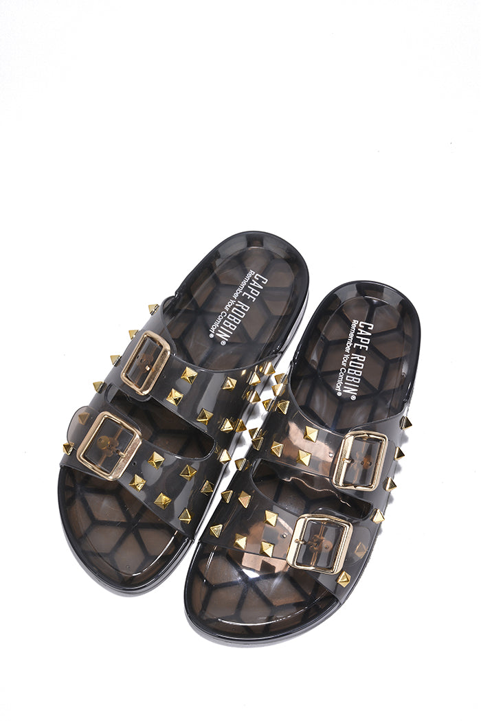 Regan Spiked Round Toe Clear Sandals - Black