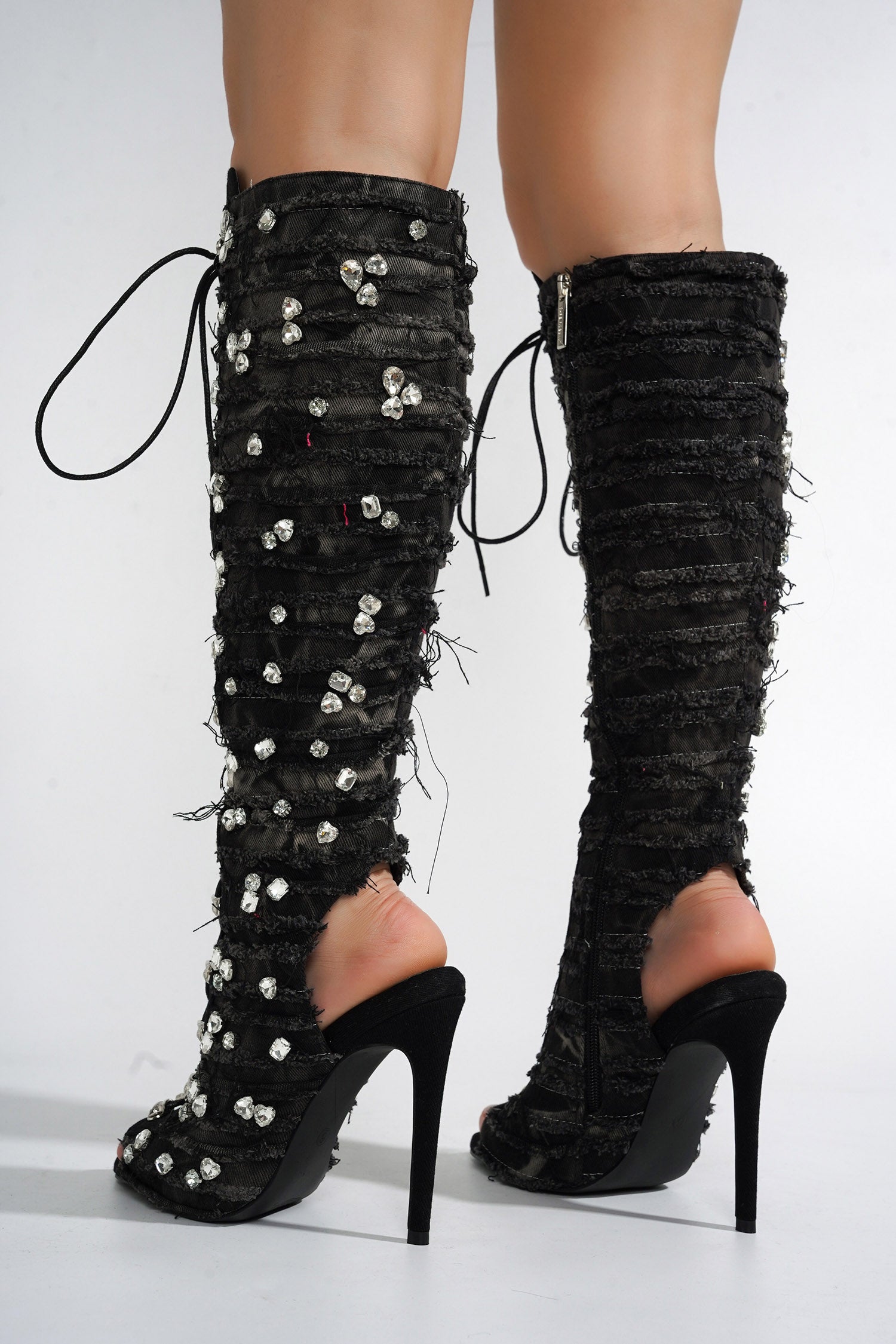 Renaissancee Peep Toe Knee-High Lace-Up Heels Black – Cape Robbin