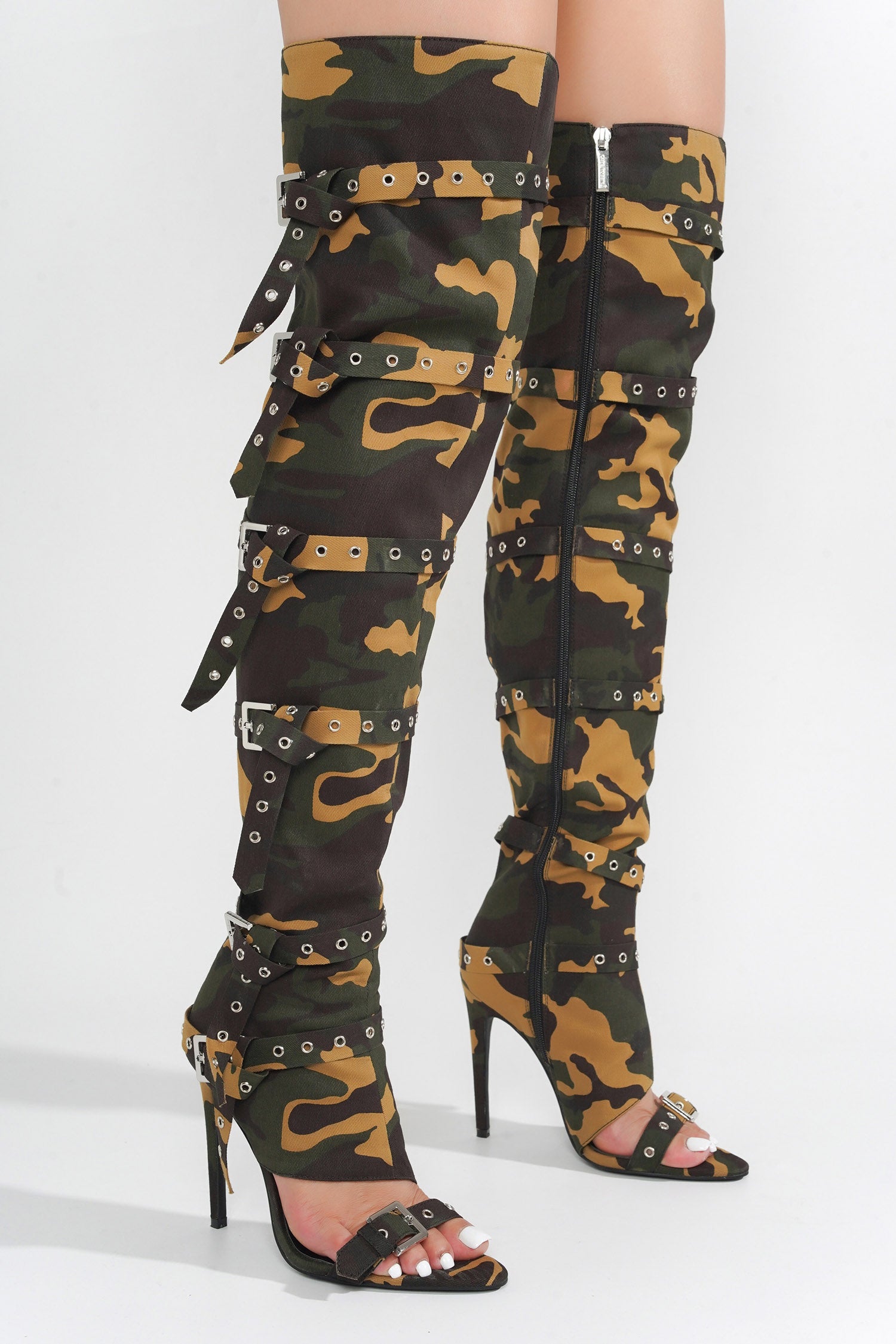 Revena Camo Multi-Strap Thigh-High Boots - Camouflage