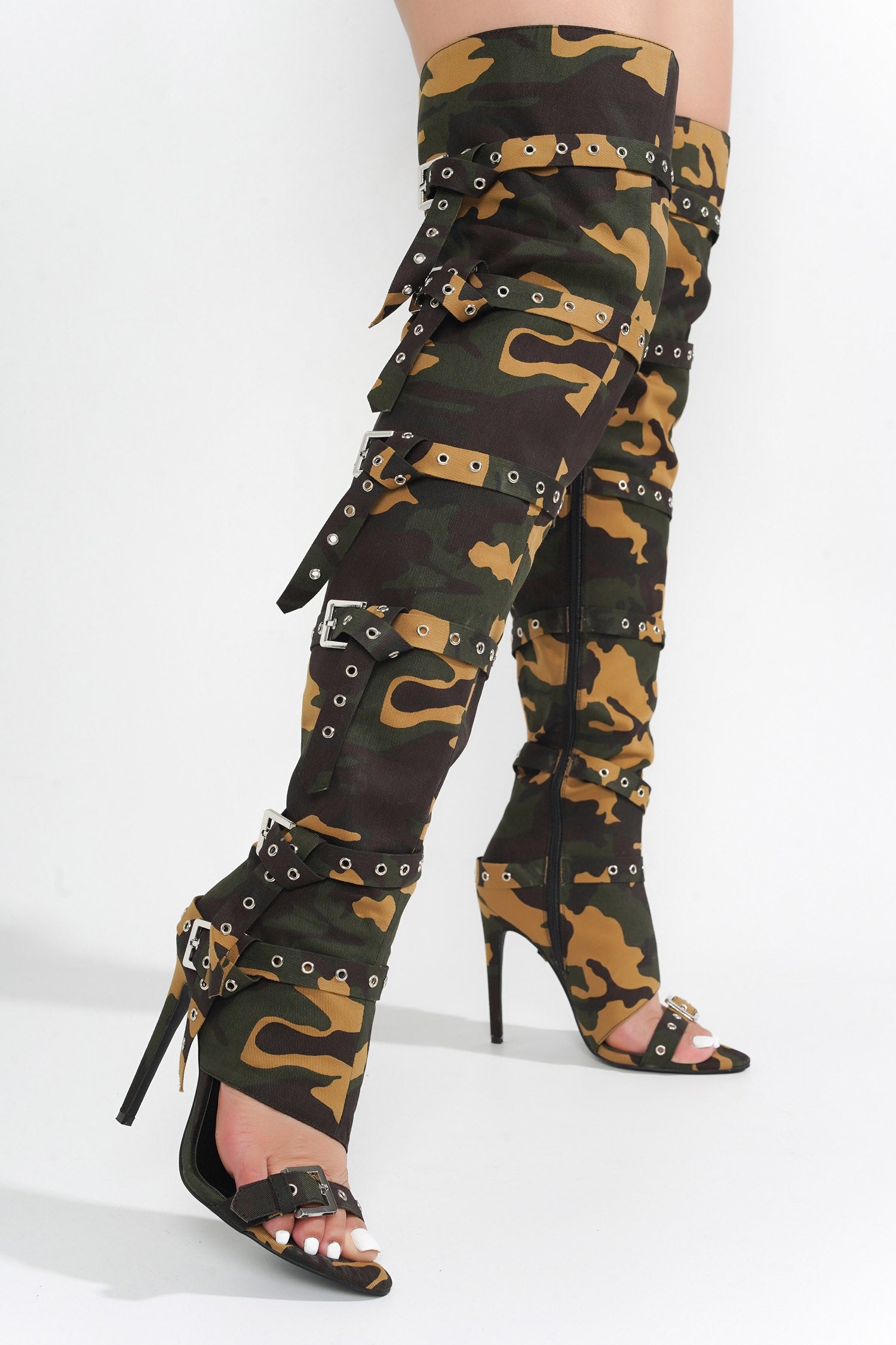 Revena Camo Multi-Strap Thigh-High Boots - Camouflage
