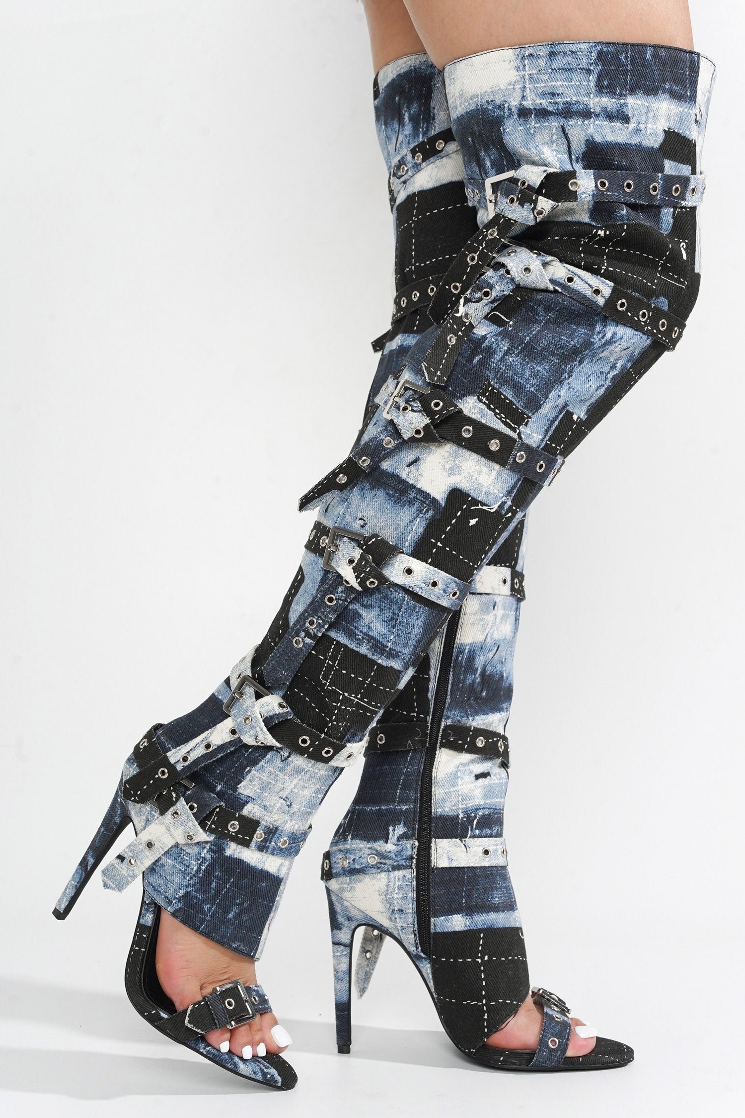 Revena Camo Multi-Strap Thigh-High Boots - Denim