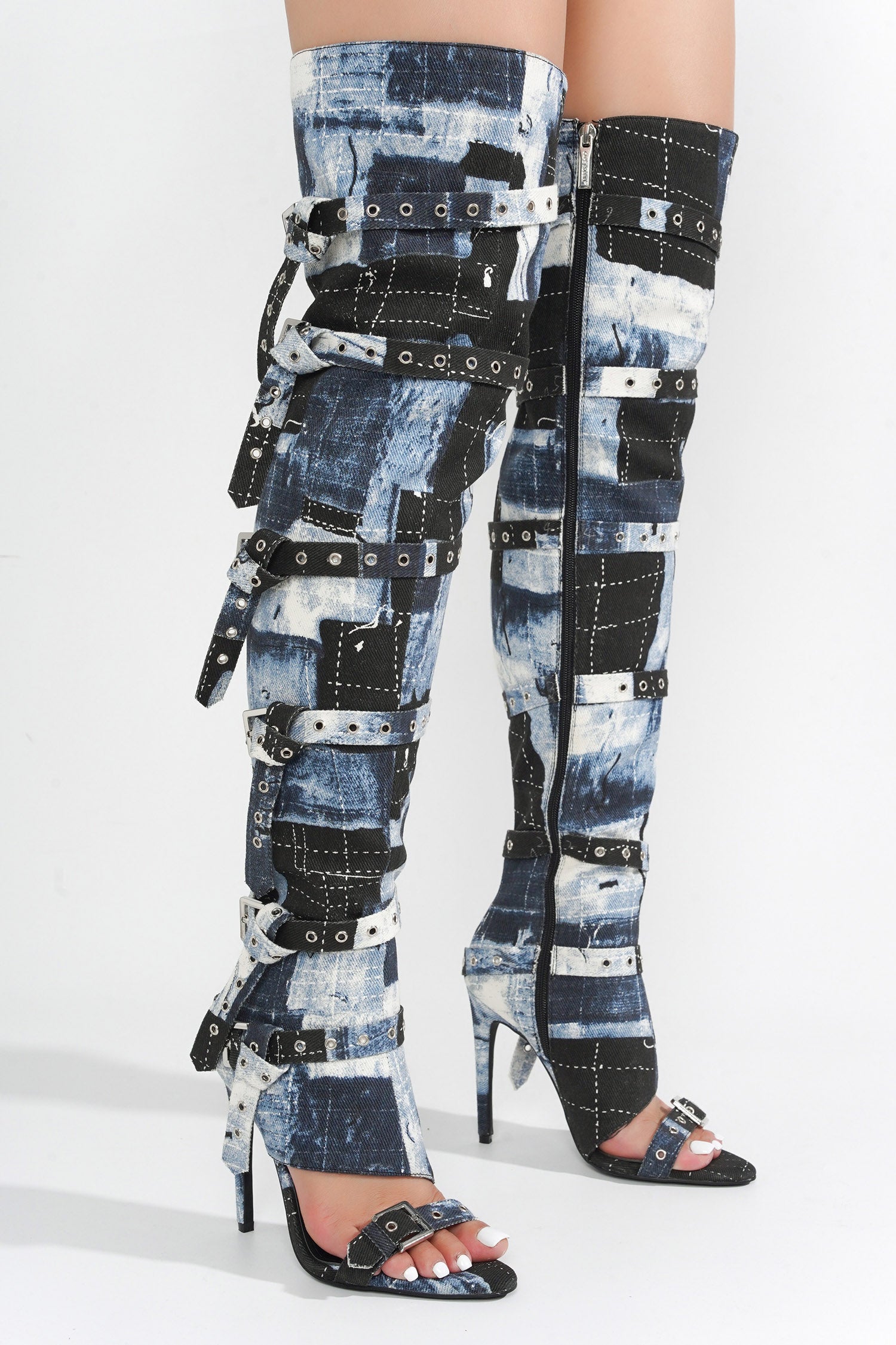Revena Camo Multi-Strap Thigh-High Boots - Denim