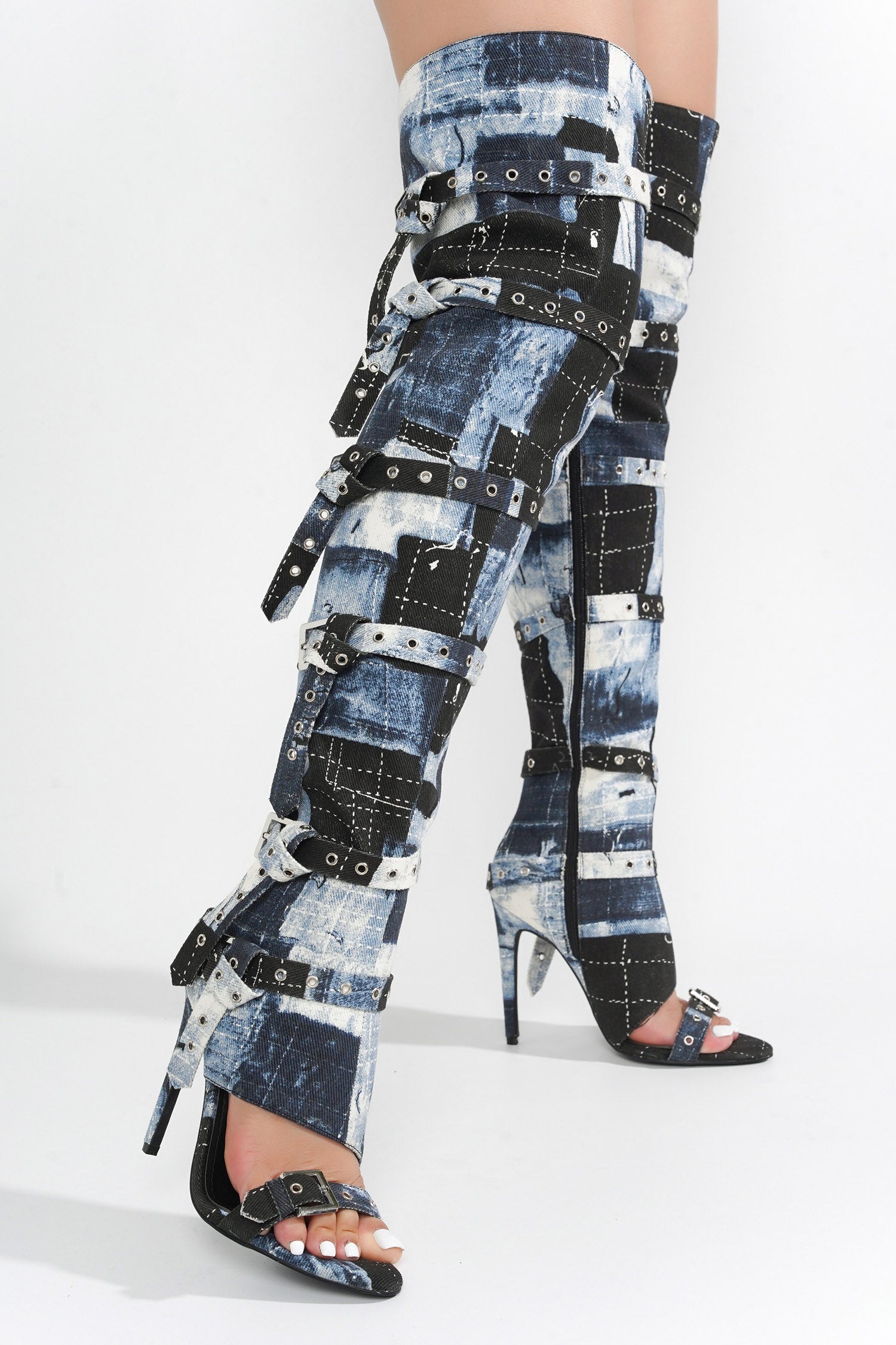 Revena Camo Multi-Strap Thigh-High Boots - Denim