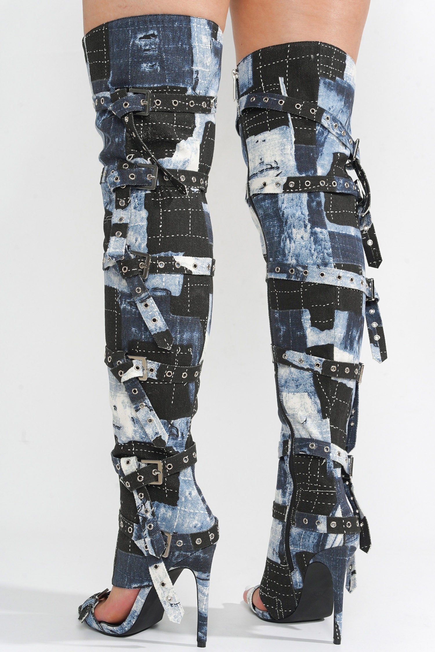 Revena Camo Multi-Strap Thigh-High Boots - Denim