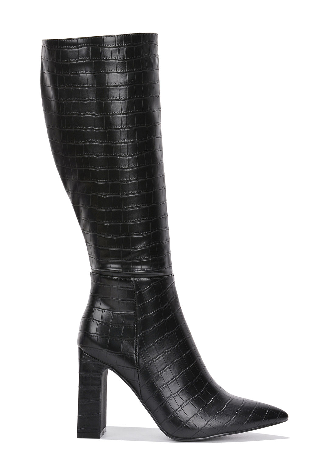 Saywhat-2 Chunky Block Heel Mid Calf Boots - Pointed Toe Side Zipper Boots - Black