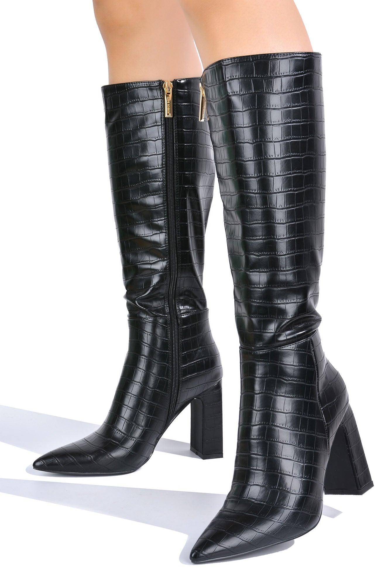 Saywhat-2 Chunky Block Heel Mid Calf Boots - Pointed Toe Side Zipper Boots - Black