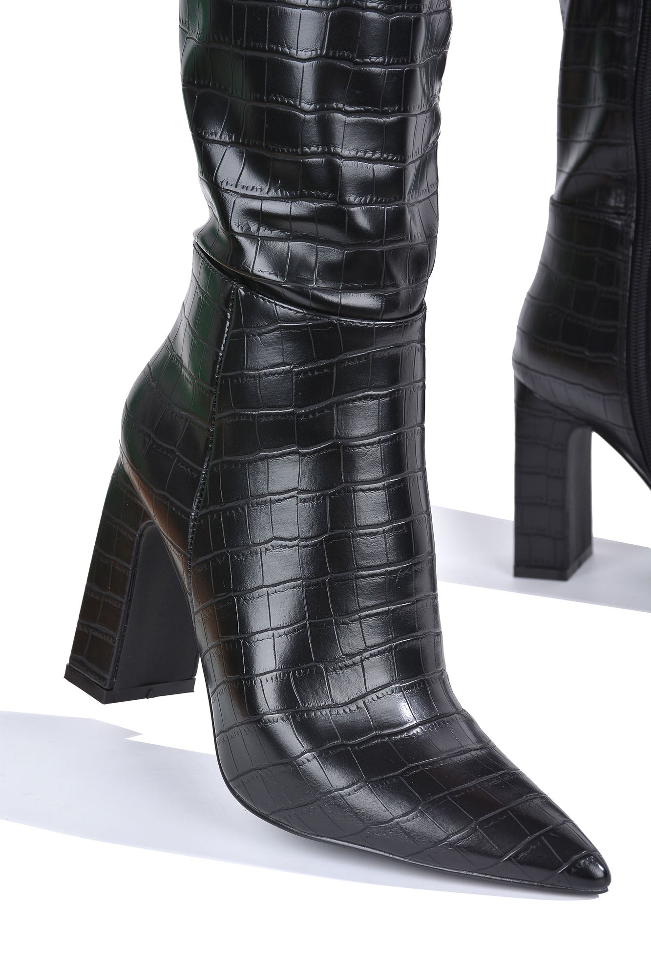 Saywhat-2 Chunky Block Heel Mid Calf Boots - Pointed Toe Side Zipper Boots - Black