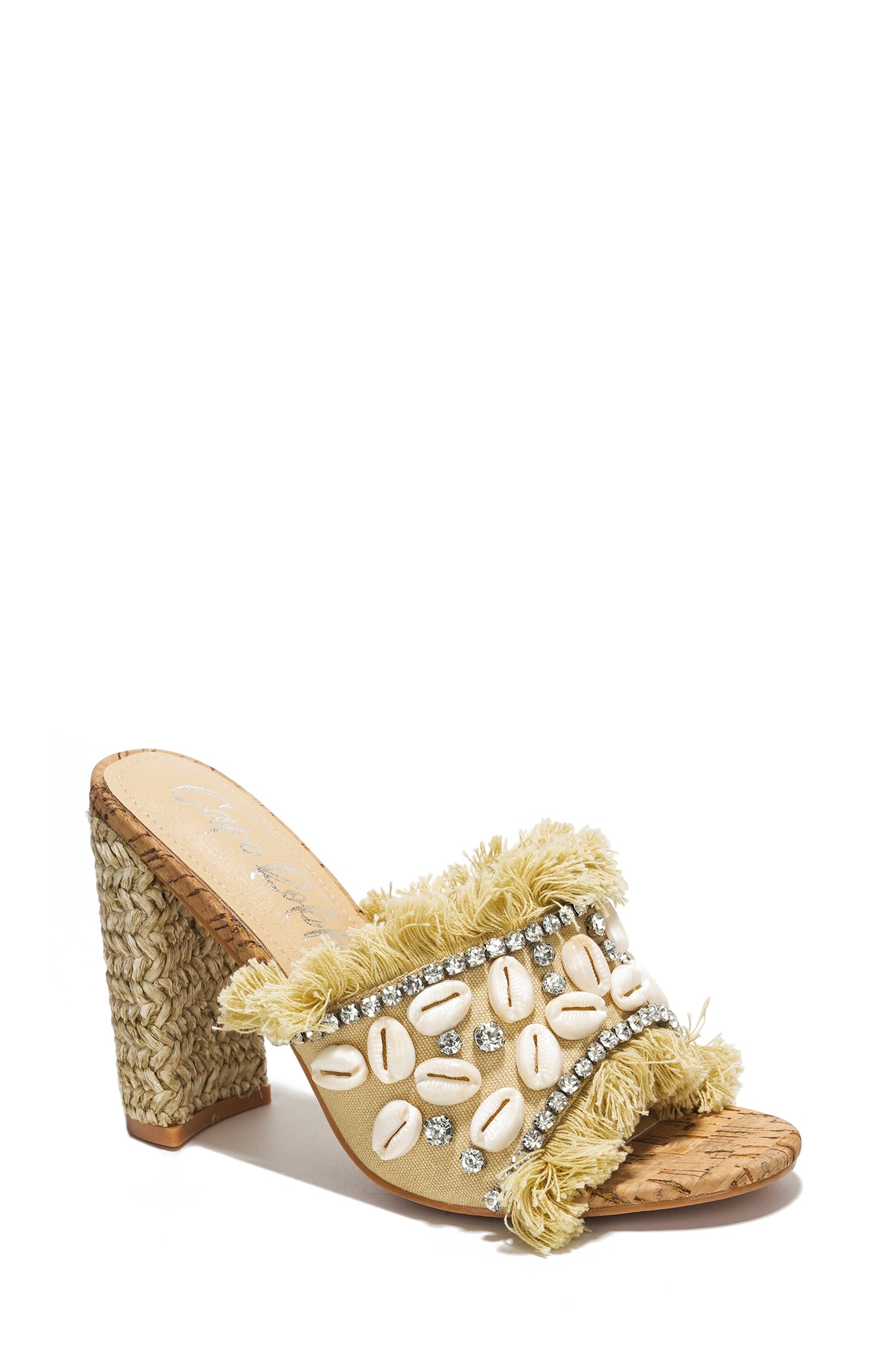 Shelly Cowrie Shell & Rhinestone Raffia Block Heel Mule - Beige
