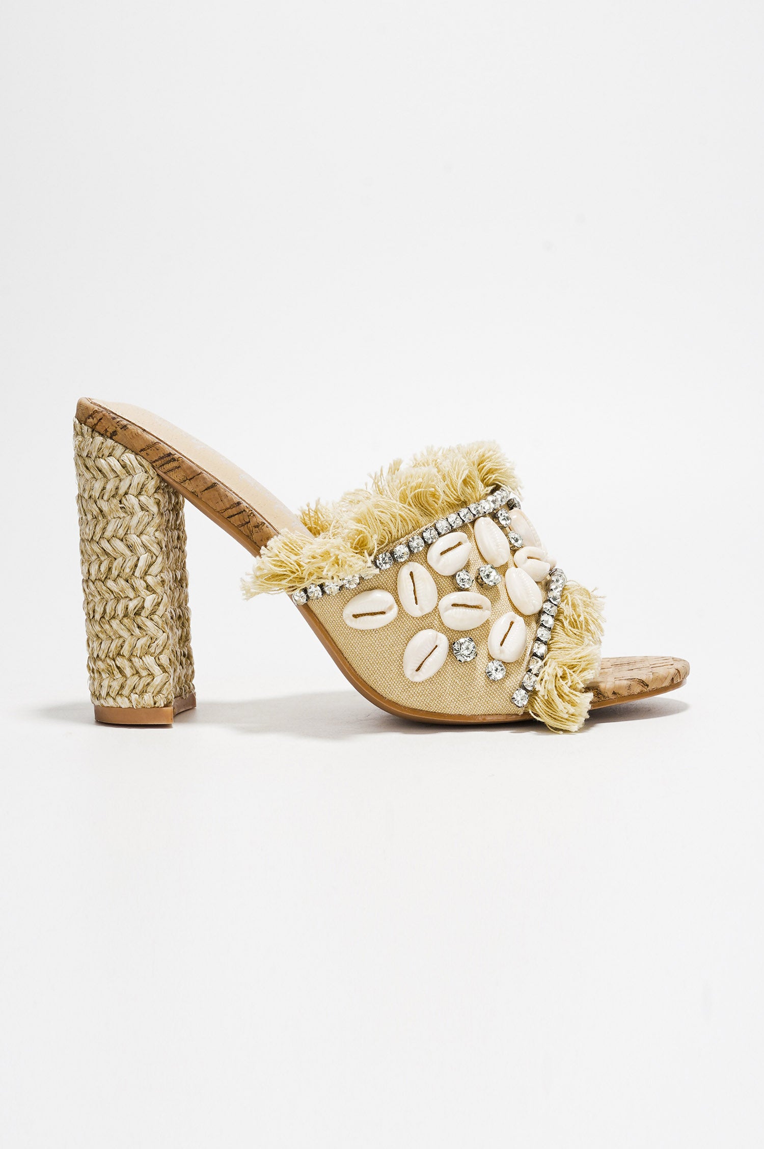 Shelly Cowrie Shell & Rhinestone Raffia Block Heel Mule - Beige