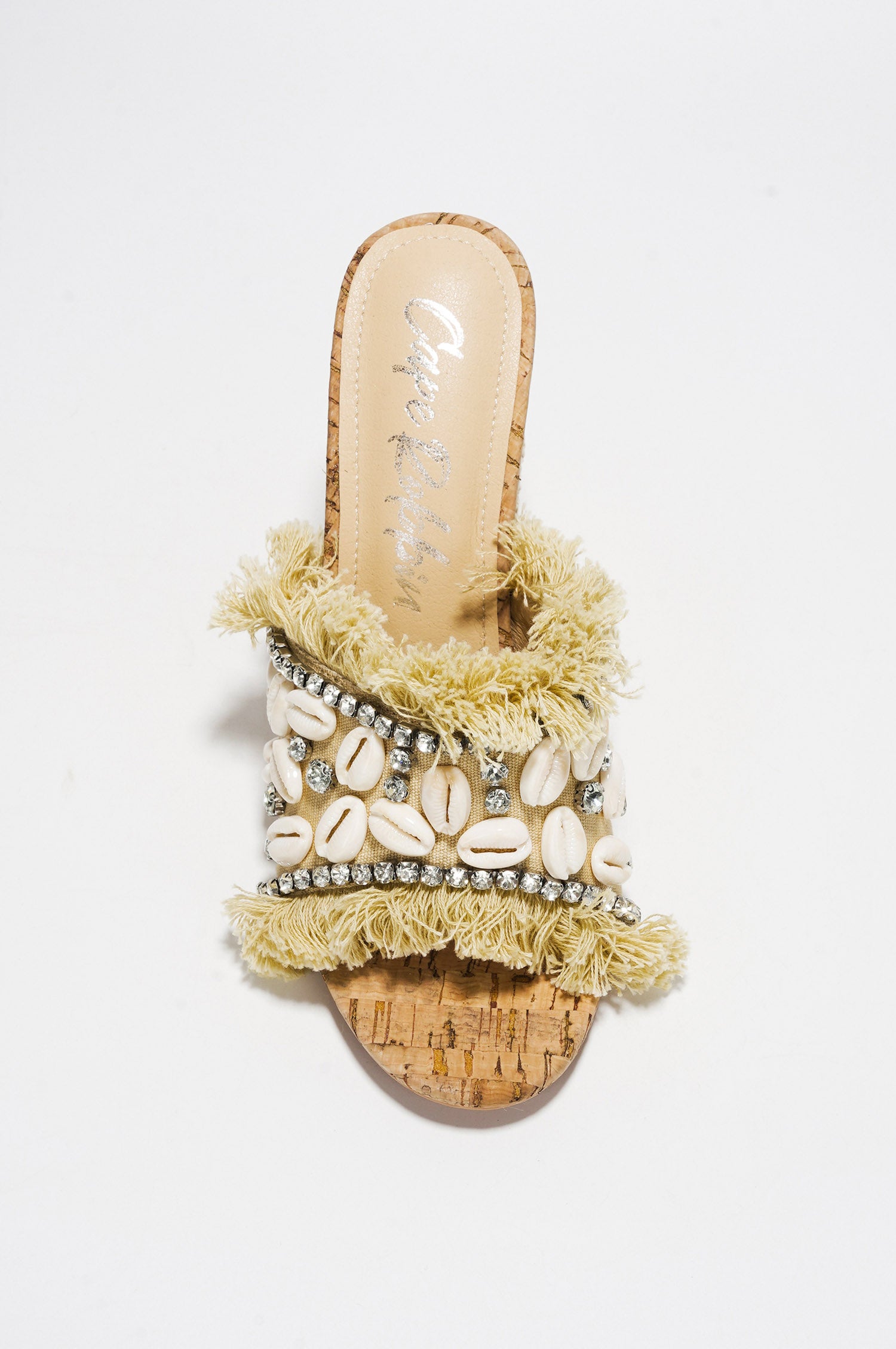 Shelly Cowrie Shell & Rhinestone Raffia Block Heel Mule - Beige