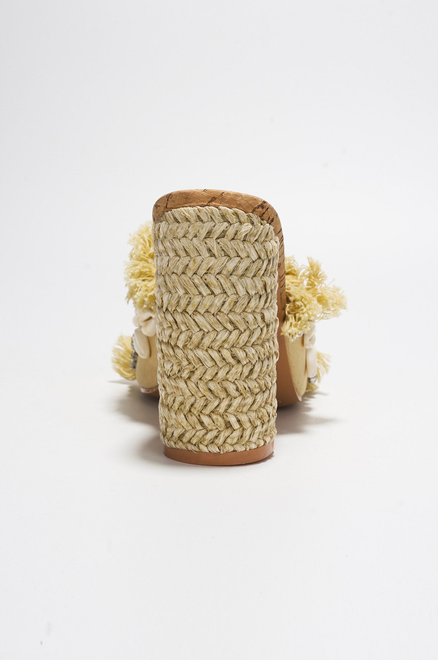 Shelly Cowrie Shell & Rhinestone Raffia Block Heel Mule - Beige