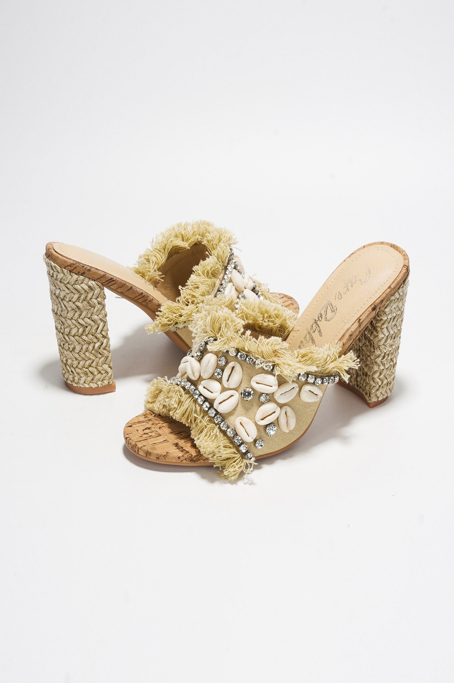 Shelly Cowrie Shell & Rhinestone Raffia Block Heel Mule - Beige