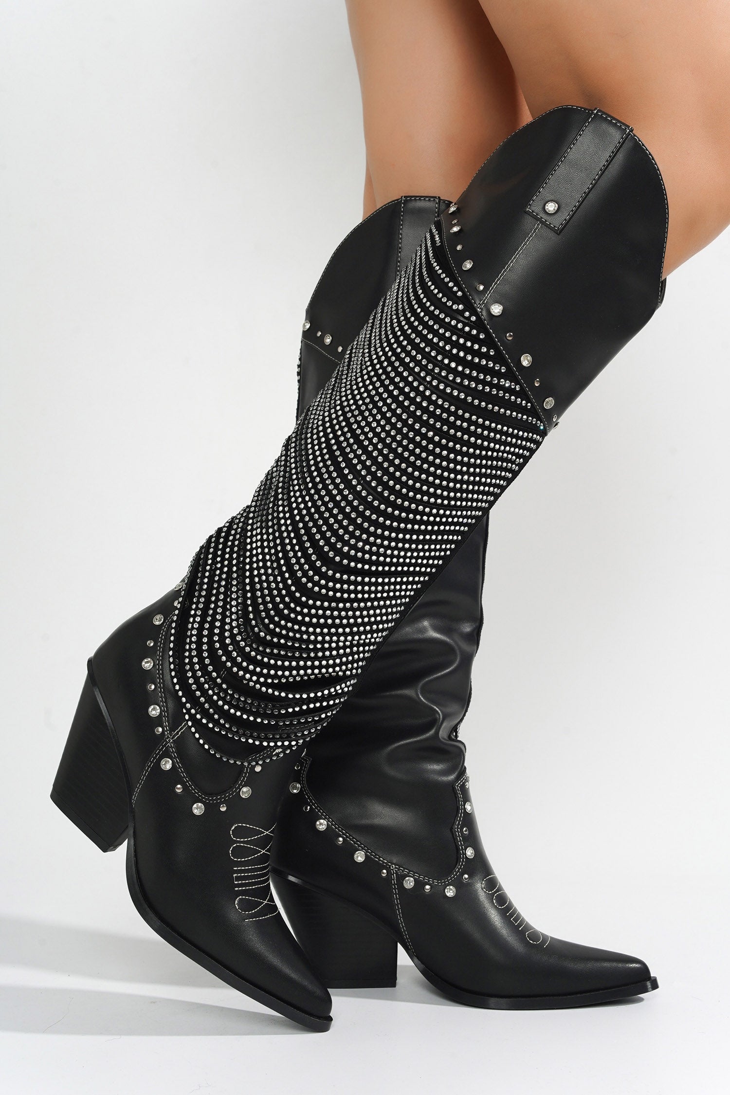 Stika Rhinestone Fringe Western Boots - Black