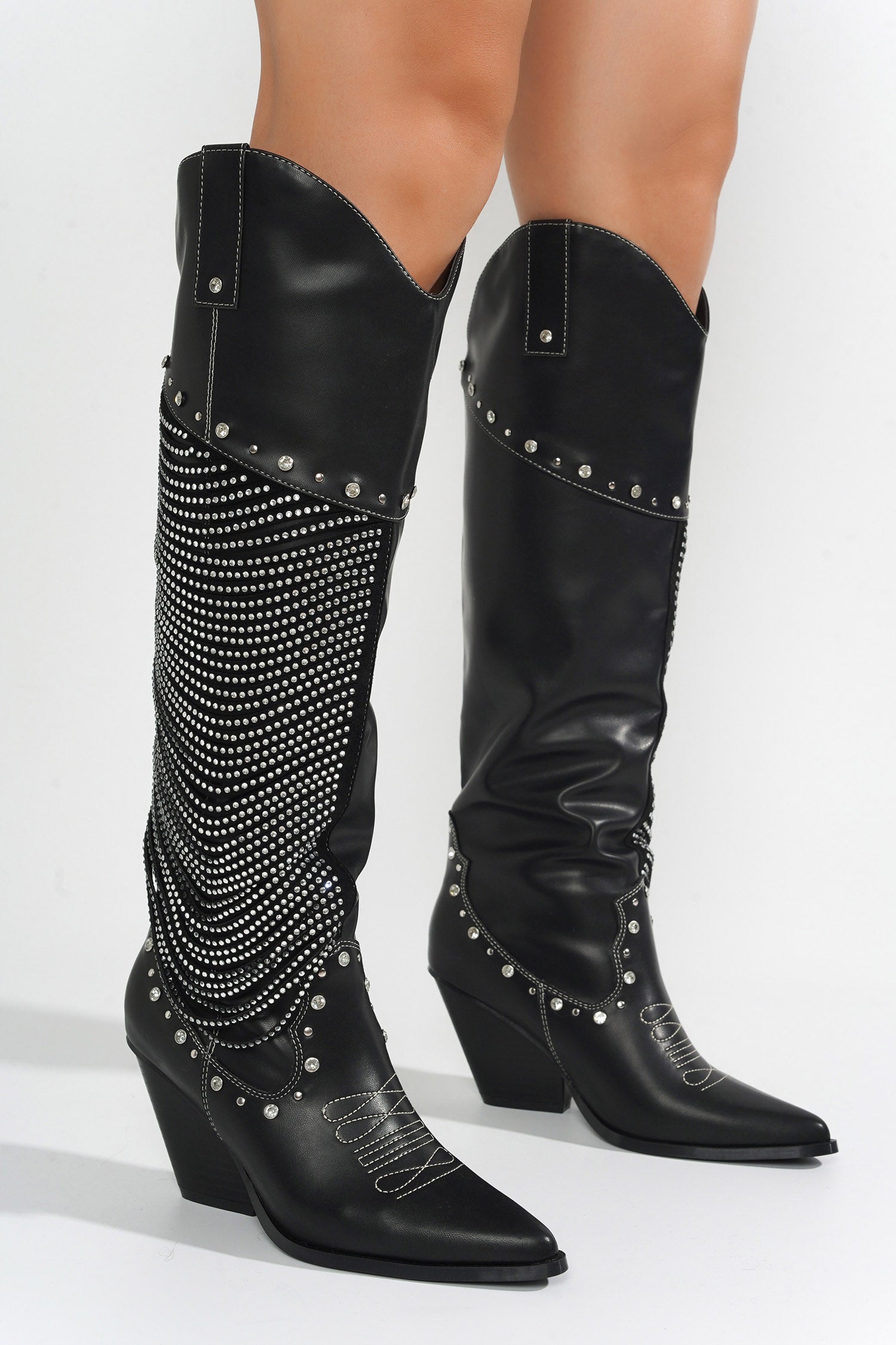 Stika Rhinestone Fringe Western Boots - Black