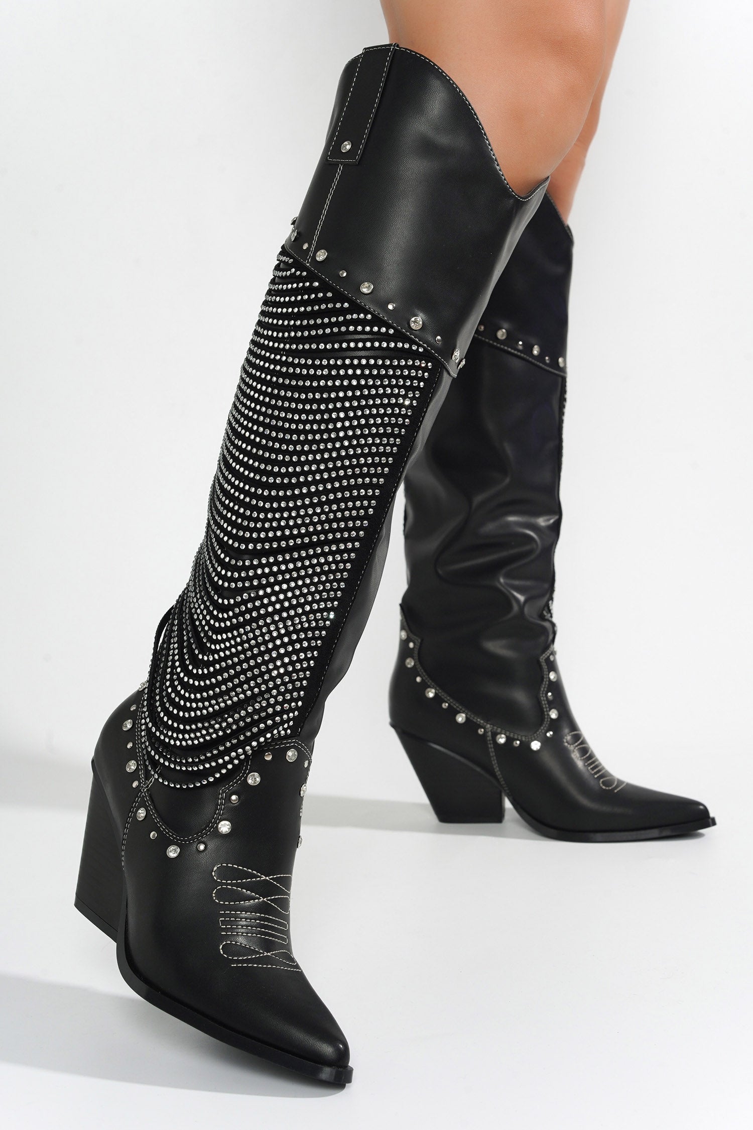Stika Rhinestone Fringe Western Boots - Black