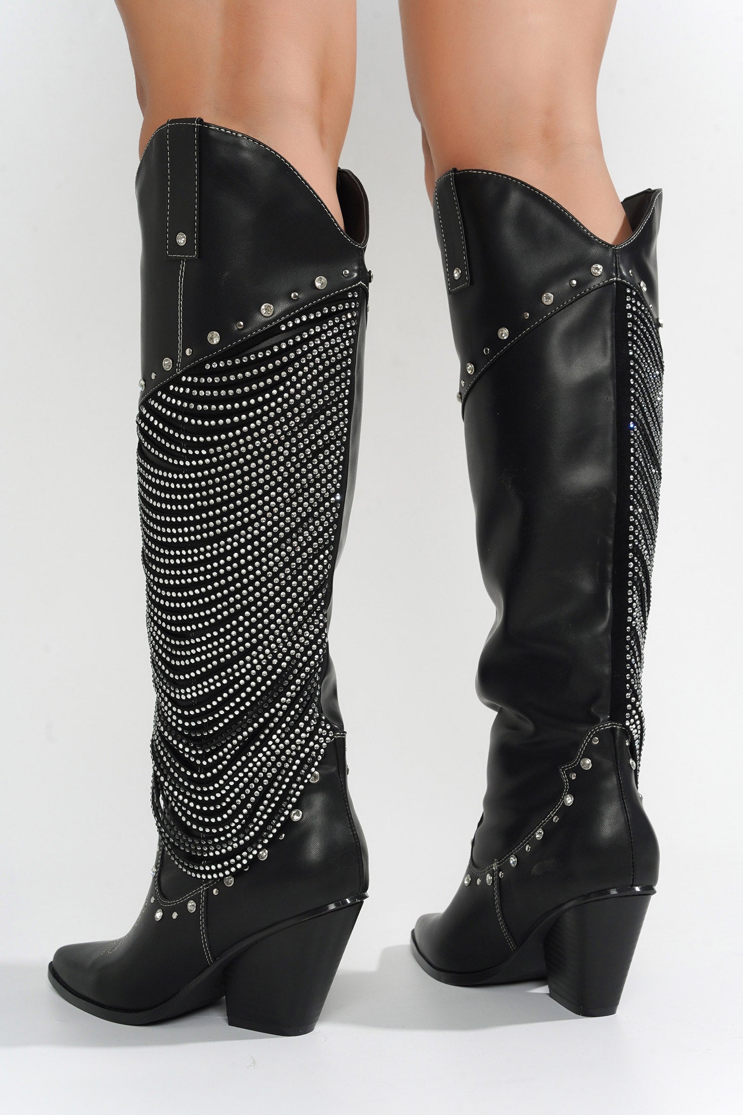 Stika Rhinestone Fringe Western Boots - Black