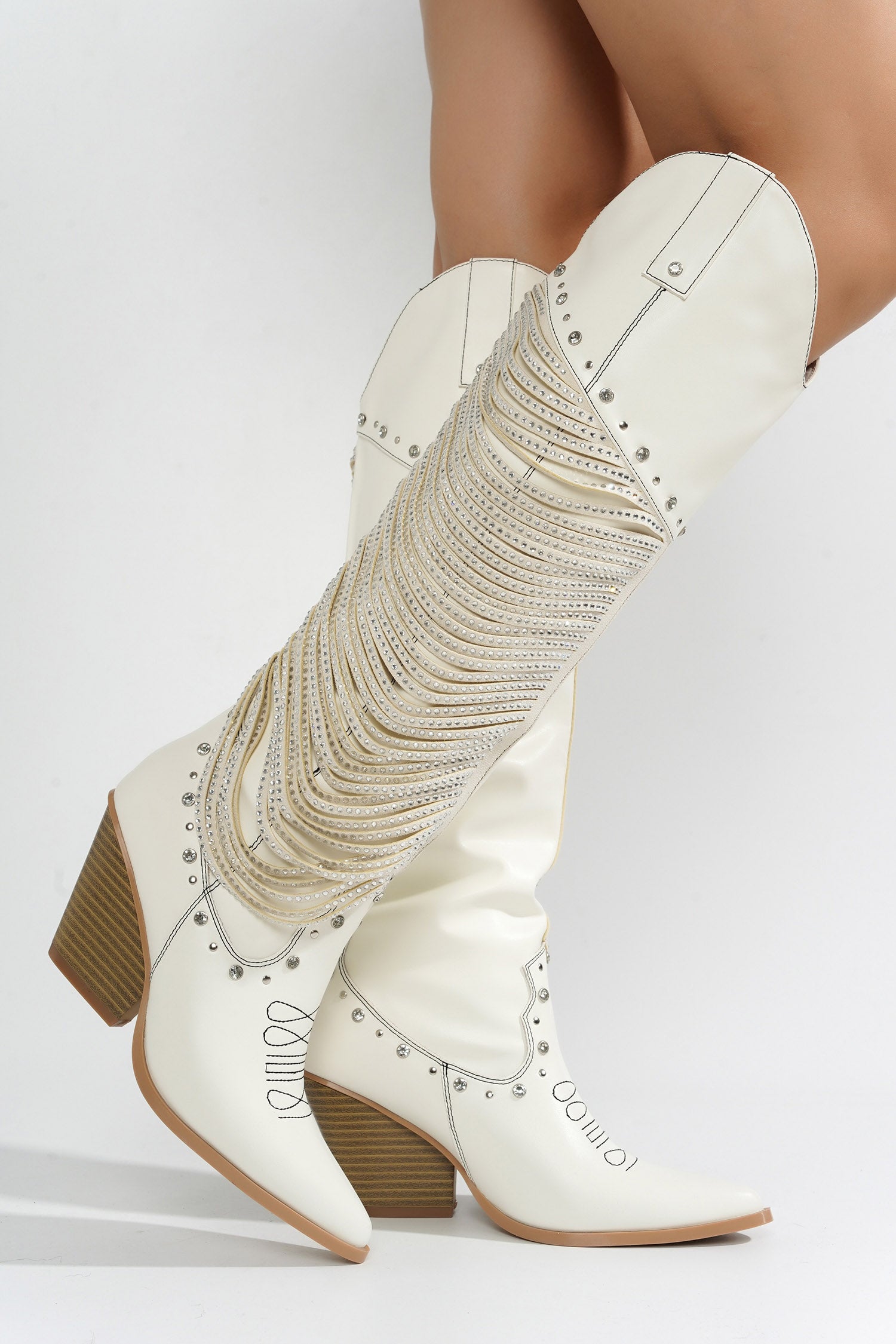 Stika Rhinestone Fringe Western Boots - White