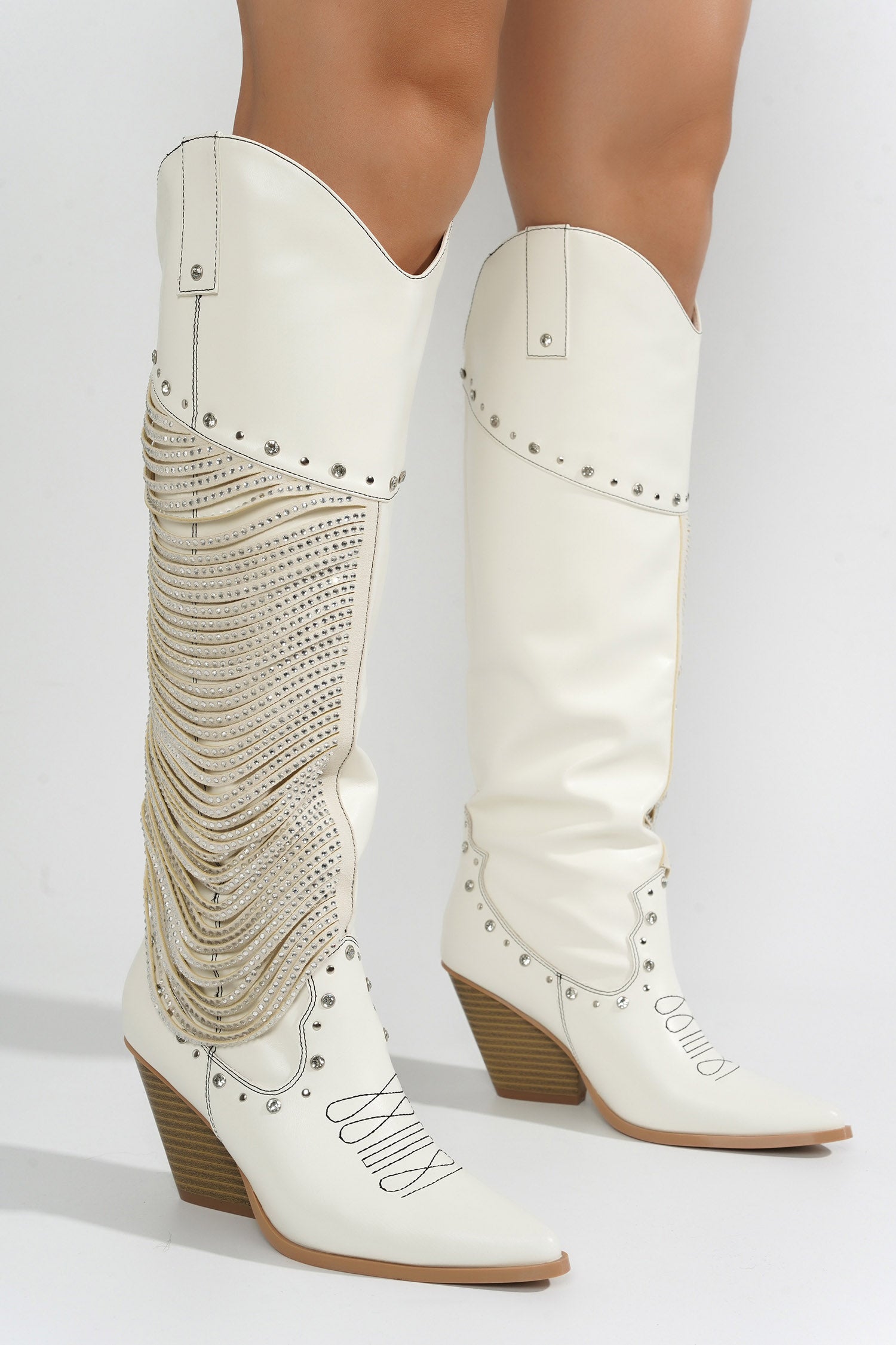 Stika Rhinestone Fringe Western Boots - White