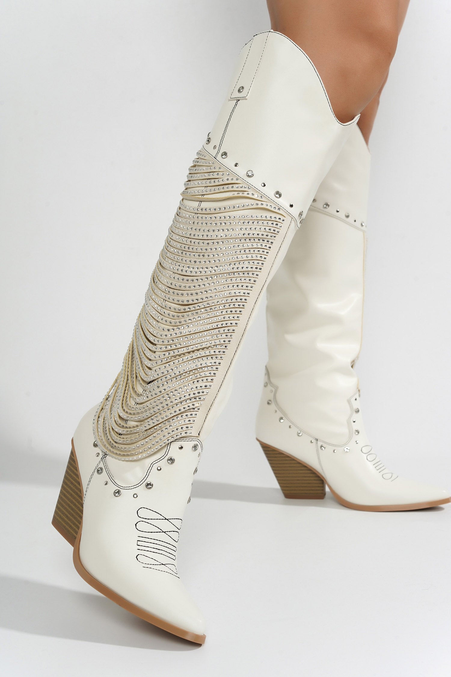 Stika Rhinestone Fringe Western Boots - White