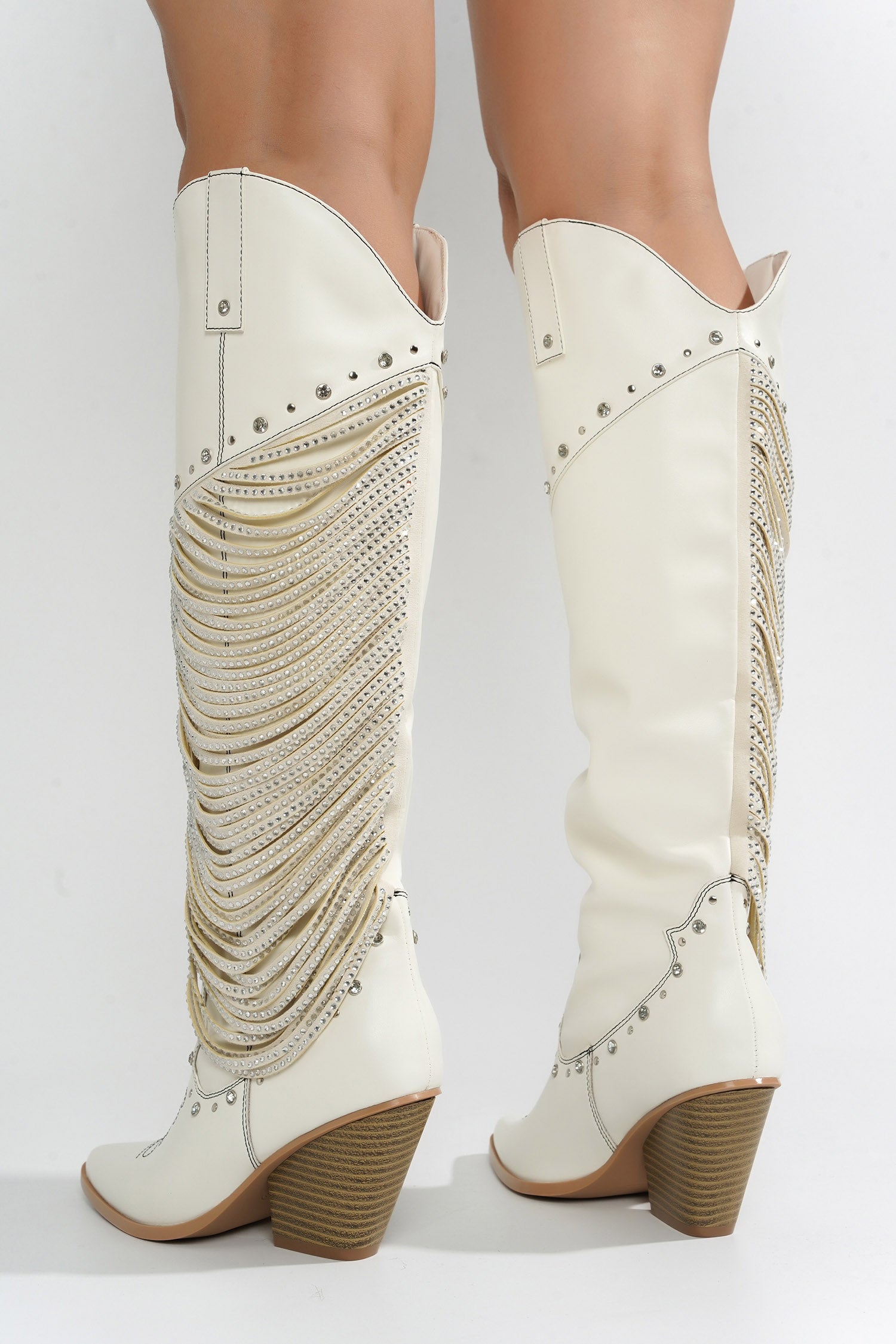 Stika Rhinestone Fringe Western Boots - White