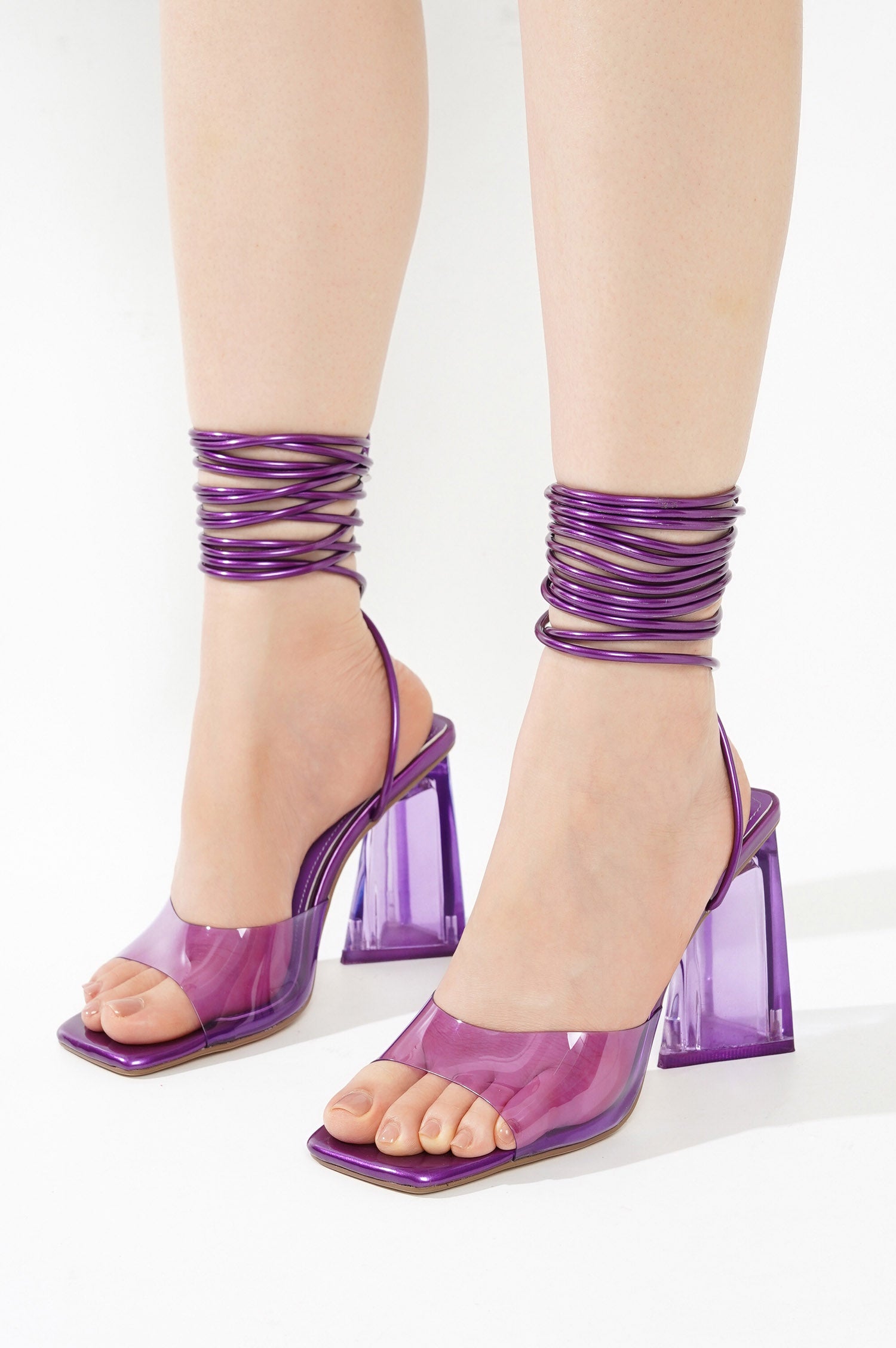 Swag Clear Strappy Block Heels for Women - Square Toe Lace Up High Heel - Purple - Cape Robbin