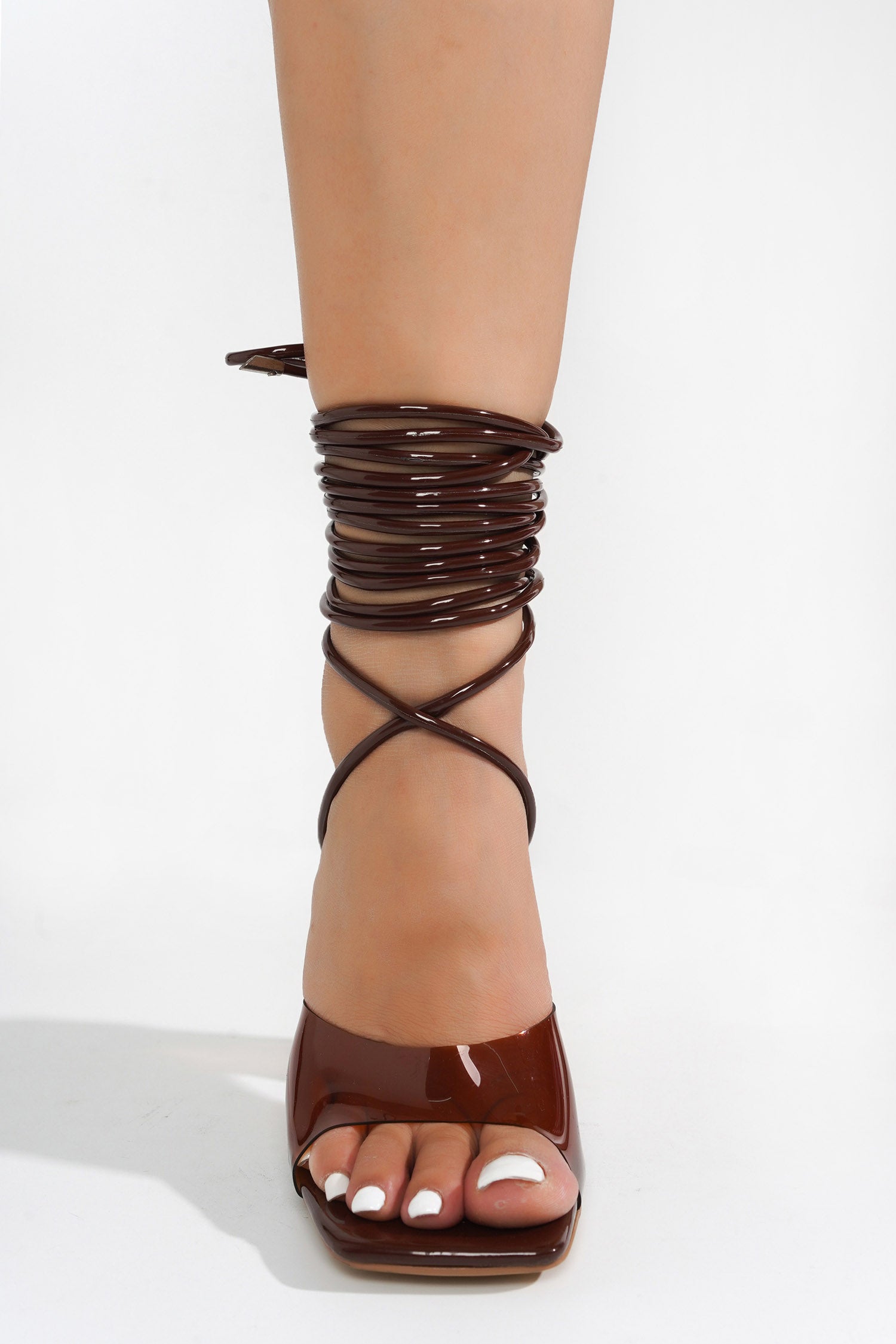Swag Clear Strappy Block Heels for Women - Square Toe Lace Up High Heel - Brown - Cape Robbin
