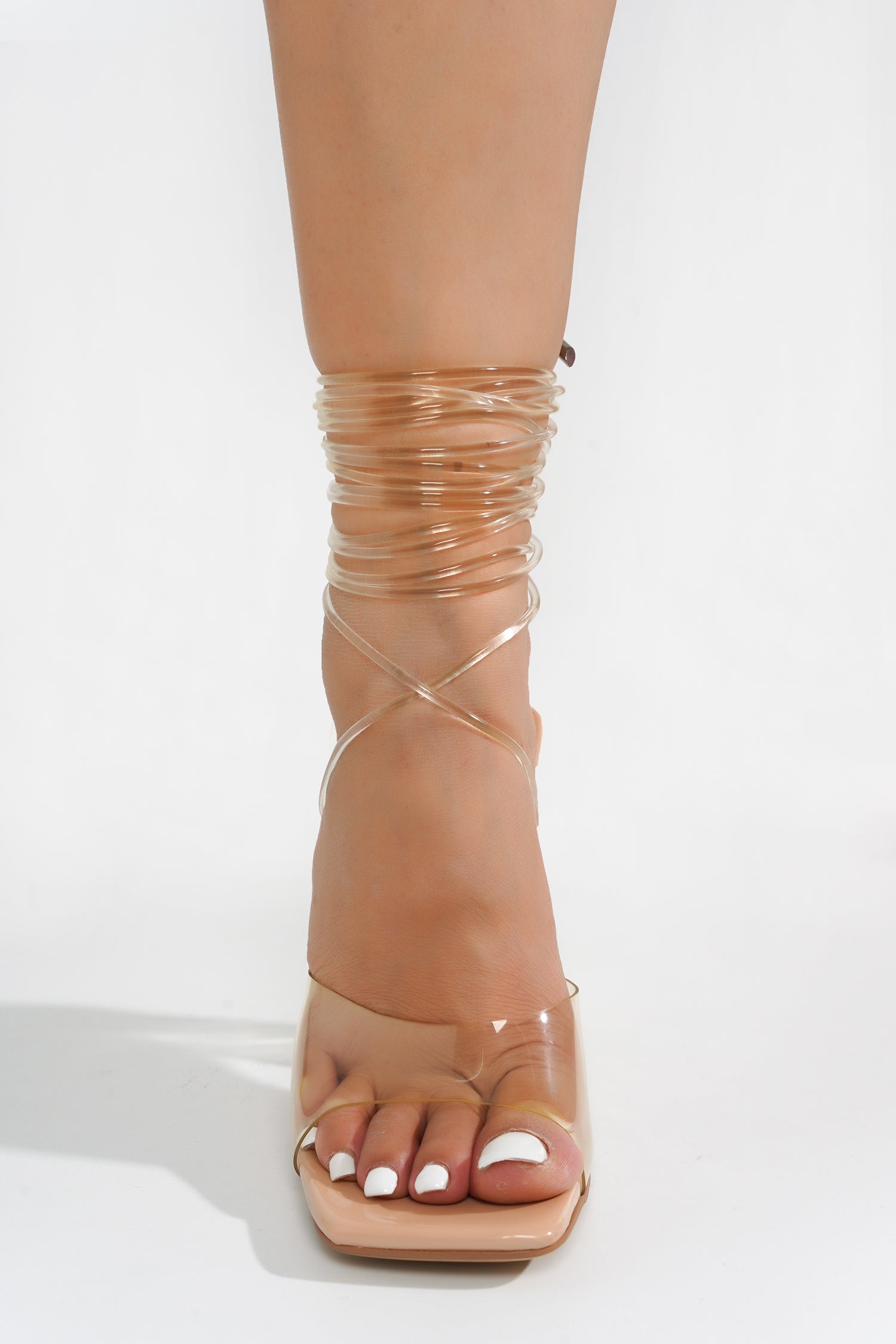 Swag Clear Strappy Block Heels for Women - Square Toe Lace Up High Heel - Nude - Cape Robbin