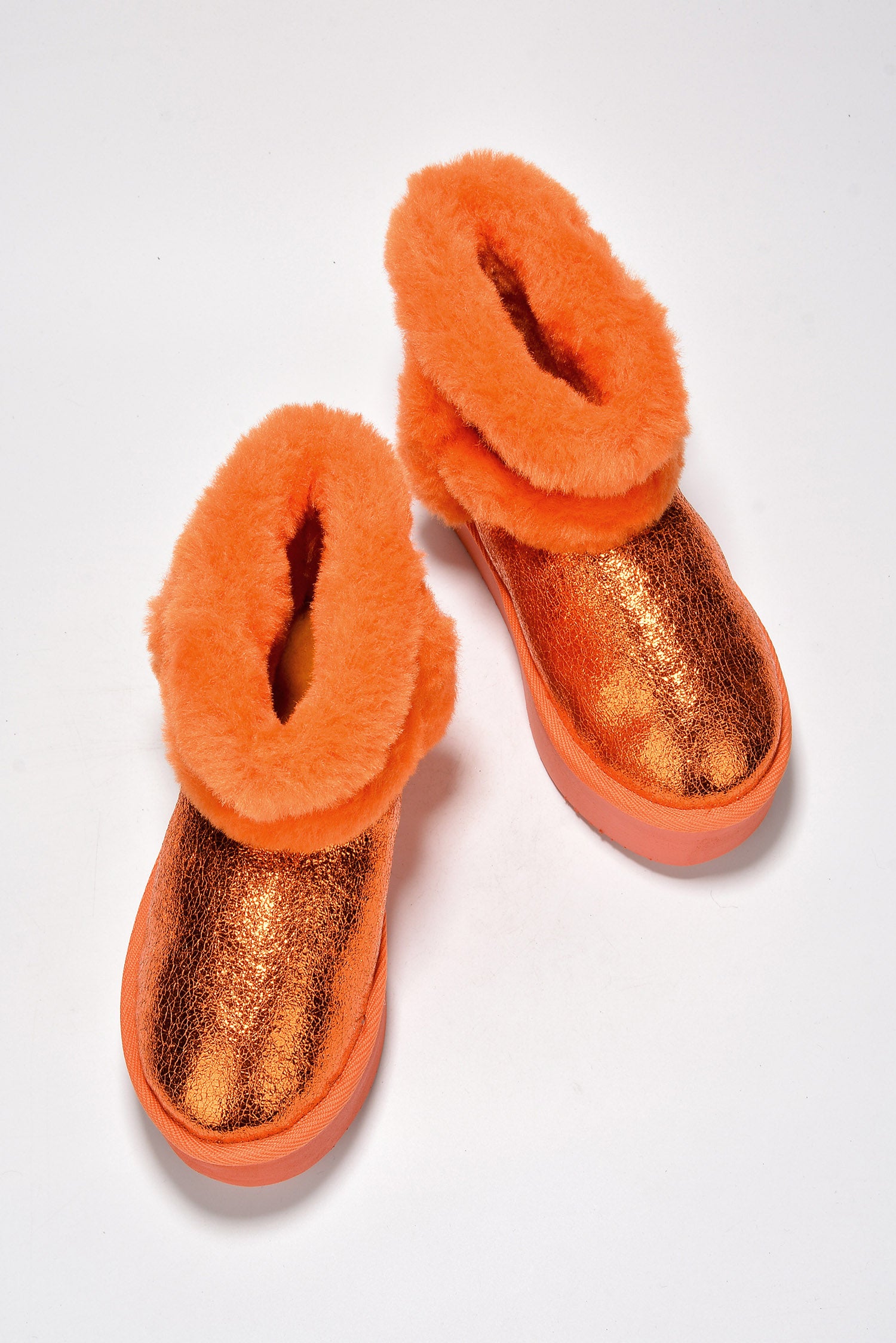 Tasha Fur Metallic Platform Ankle Booties - Orange