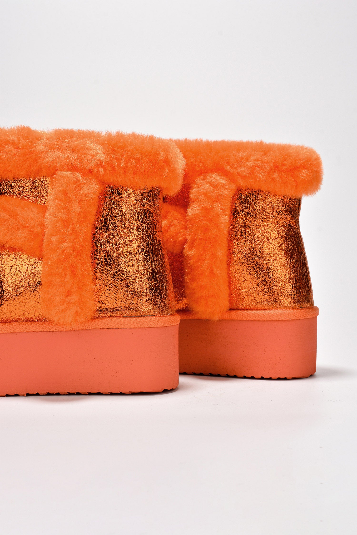 Tasha Fur Metallic Platform Ankle Booties - Orange