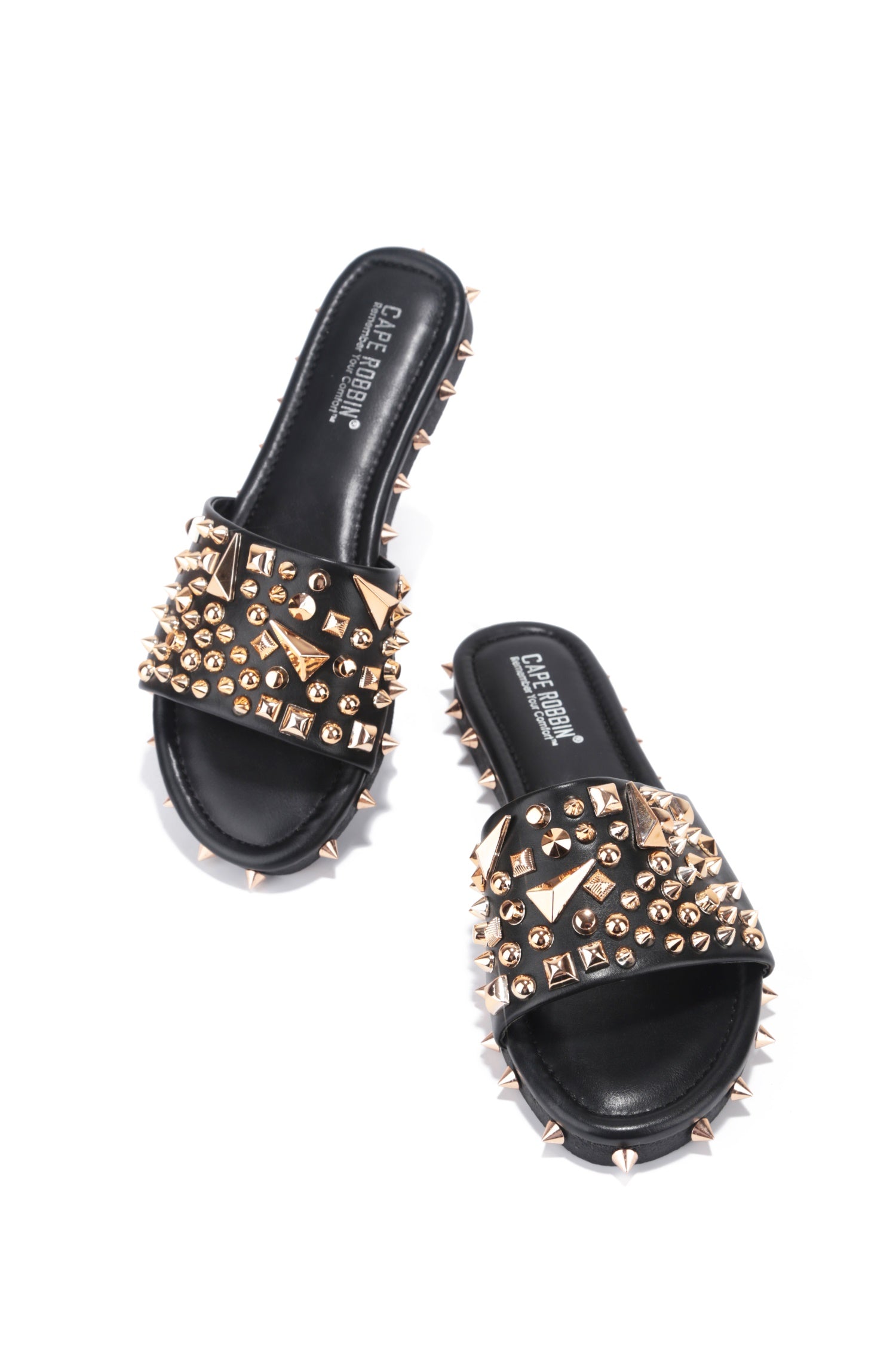Tonie Gold Spike Studded Slide Sandals - Open Toe Slip On Sandals - Black - Cape Robbin