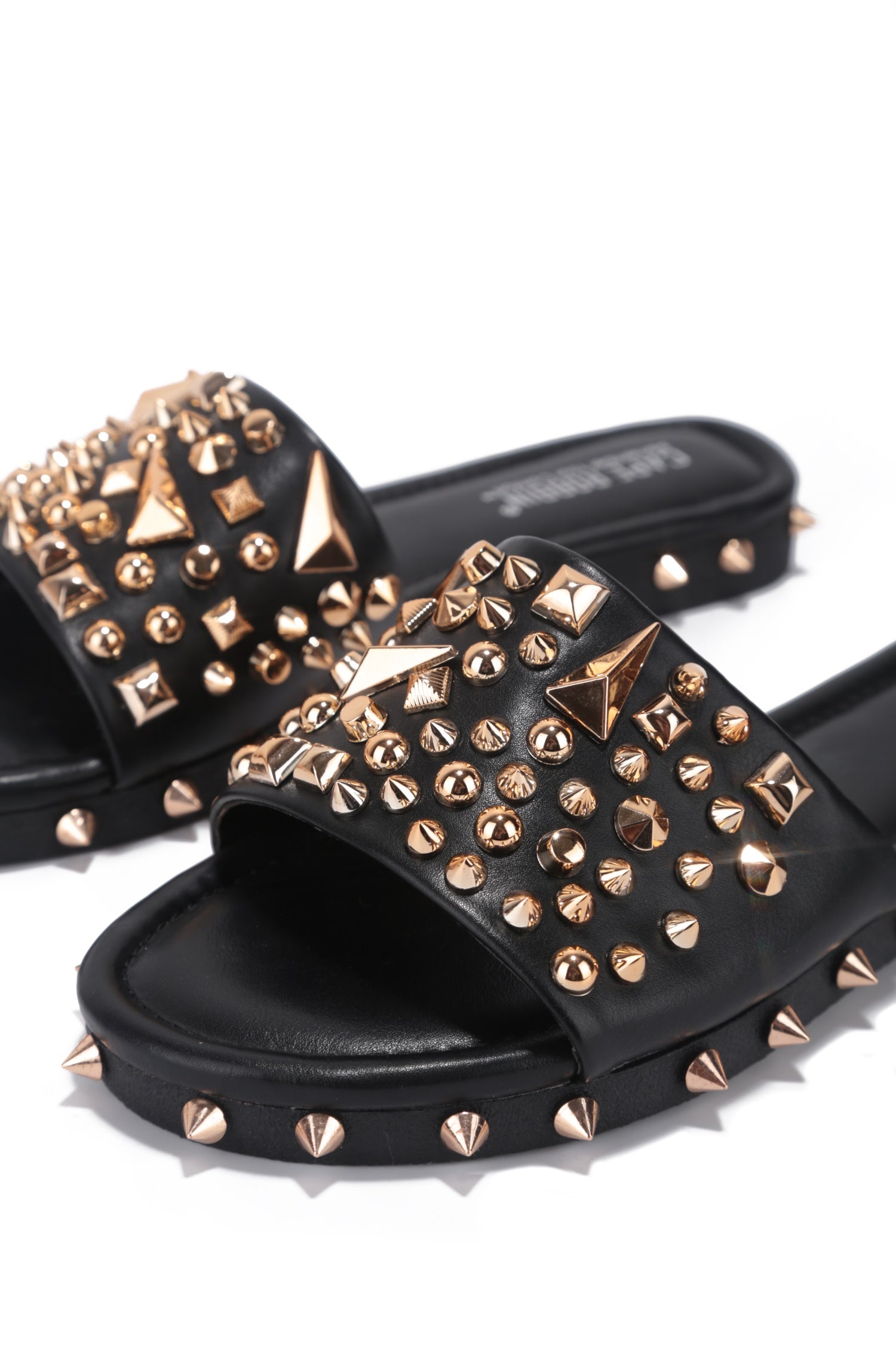 Tonie Gold Spike Studded Slide Sandals - Open Toe Slip On Sandals - Black - Cape Robbin